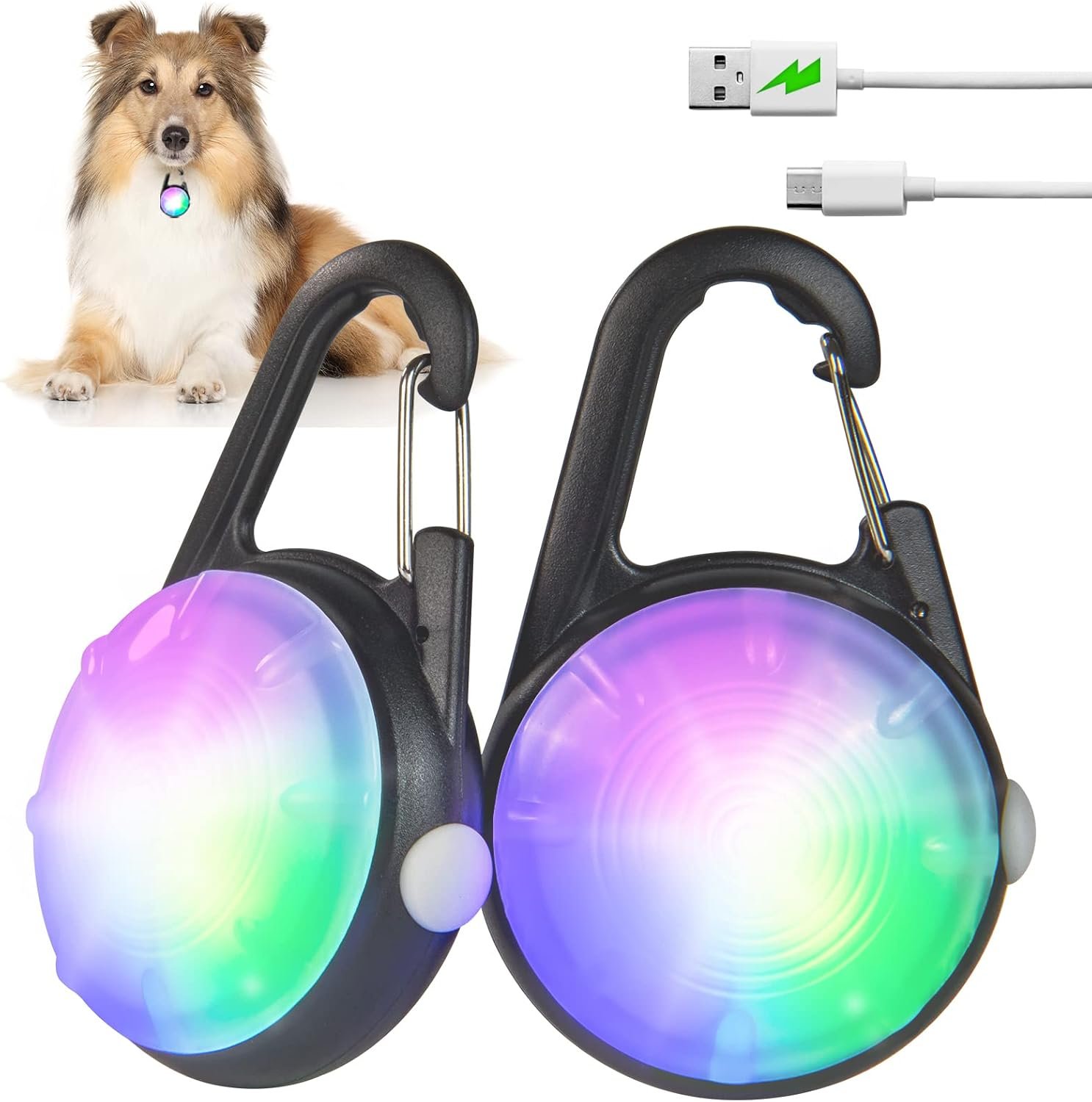 Clip-On Dog Collar Light for Night Walking, 4 Modes, Rechargeable, 2 Pack