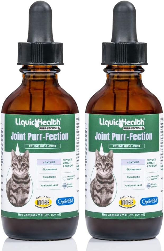 LIQUIDHEALTH Pets Liquid Cat Glucosamine Joint Purr-Fection – Hip & Joint Health Relief Support, Chondroitin Feline Droppers for Senior Older Adult Cats & Kittens – Made in the USA (2 Pack)