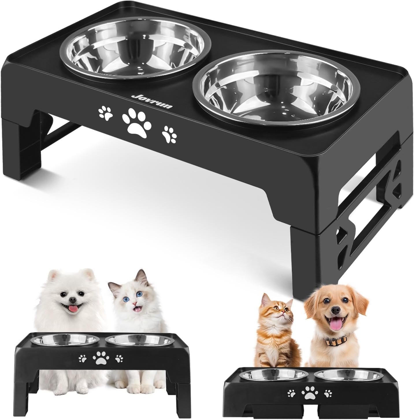 Jovrun Elevated Dog Bowls for Small Dogs and Cats, Non-Slip Cat Bowls with 2 Thick 5.5″ Stainless Steel Dishes, Dog Feeder 2 Heights Adjustable to 2.6″-5.3″