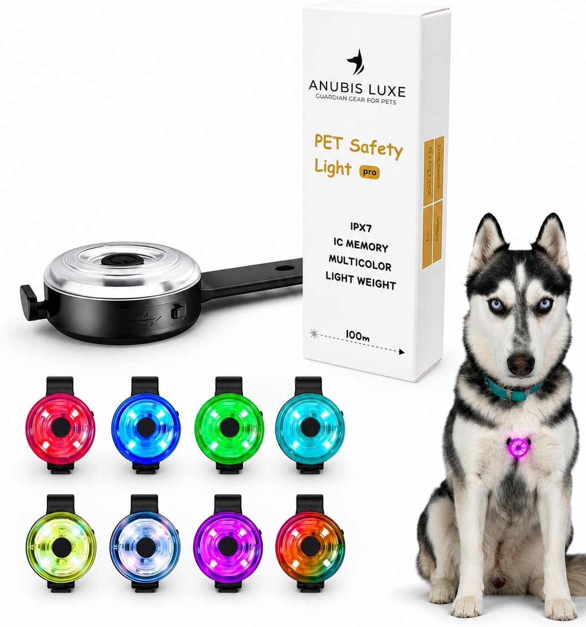 Dog Pet Safety Light Pro RGB Night Safety Gear for Outdoor Activities, Multicolor 8 LED Modes, USB-C Rechargeable, IPX7 Waterproof, Silicone Band Collar for Small, Medium, and Large Dogs