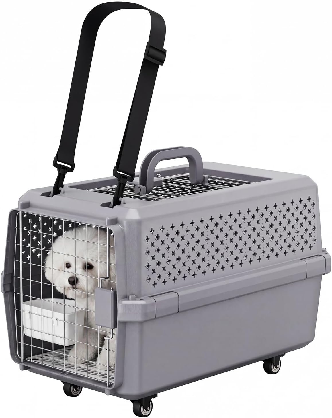RIZZARI Hard-Sided Elevated Carrier: Rolling Pet Crate Ventilated 25 lbs