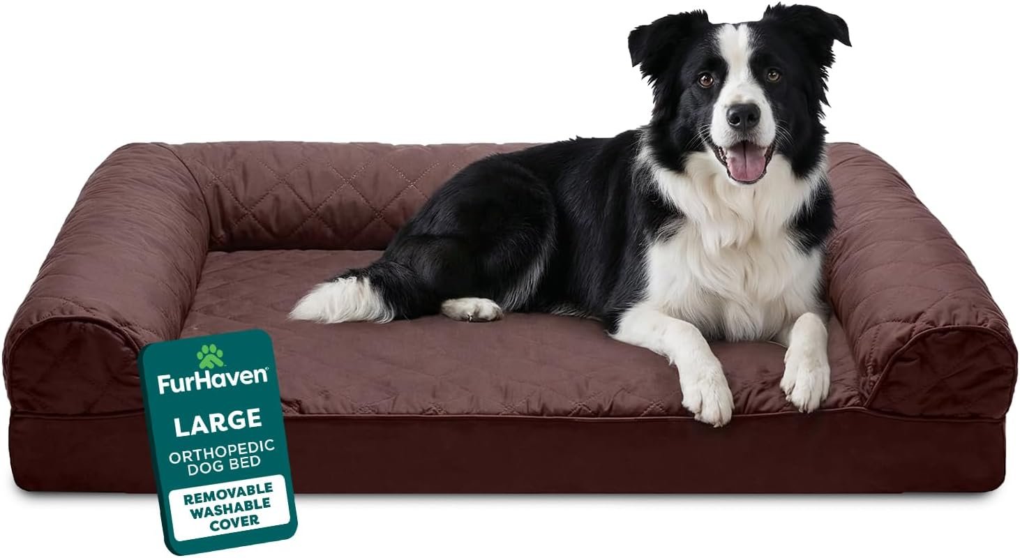 Furhaven Orthopedic Dog Bed for Large/Medium Dogs w/ Removable Bolsters & Washable Cover, For Dogs Up to 55 lbs – Quilted Sofa – Coffee, Large, (Quilted) Coffee