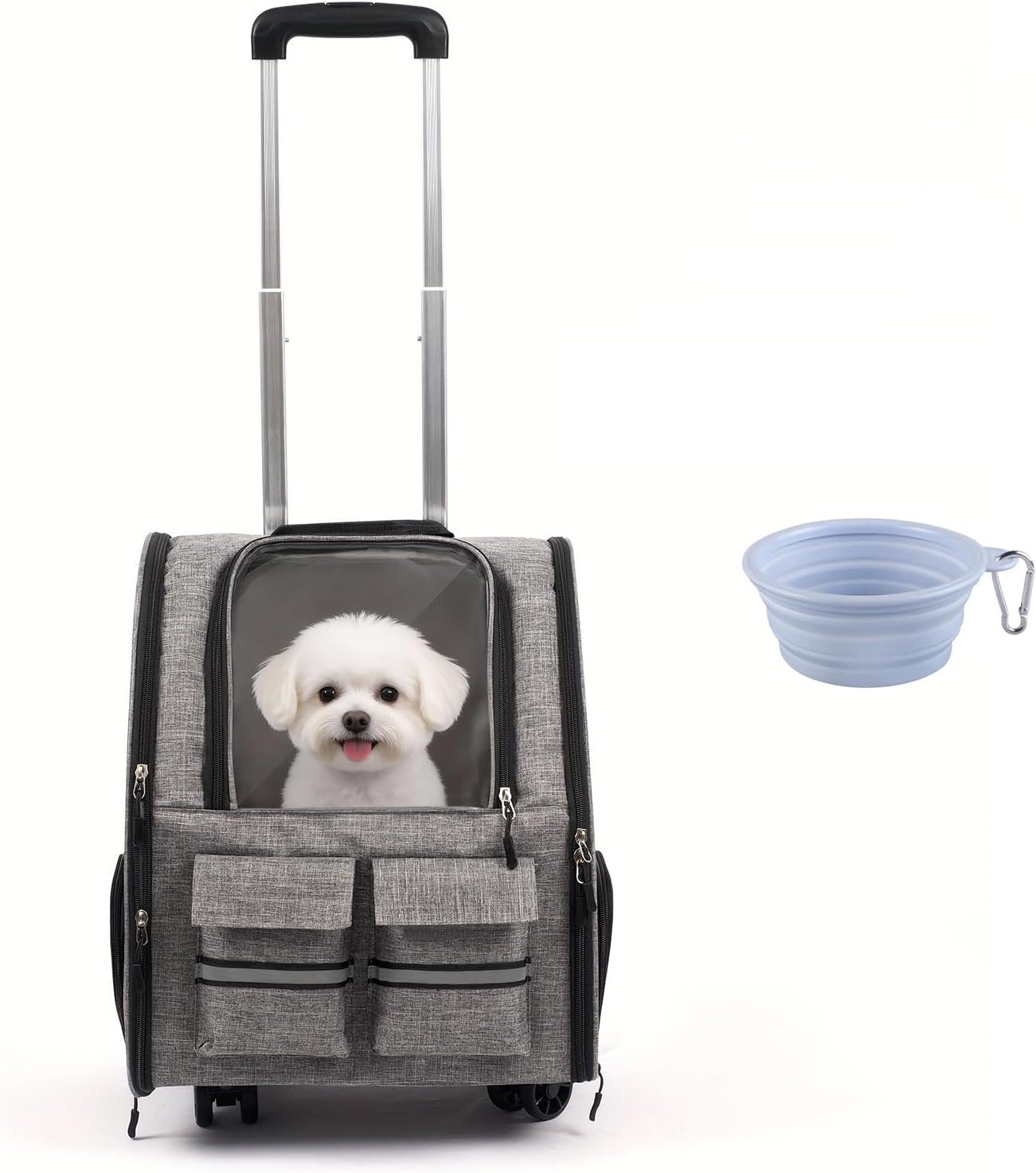 Rolling Pet Carrier Set with Wheels, Gray, & 1 Bowl