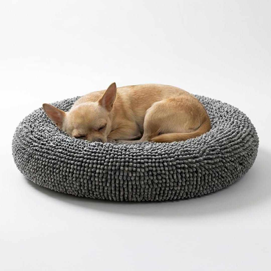 Muddy Mat® Cloud K-9 Dog Beds for Small Dogs & Cats, Soft & Relaxing Round Dog Bed, Chenille Material, Removable Cover, Washable & Dryer Safe – Grey Small(25’x25′)
