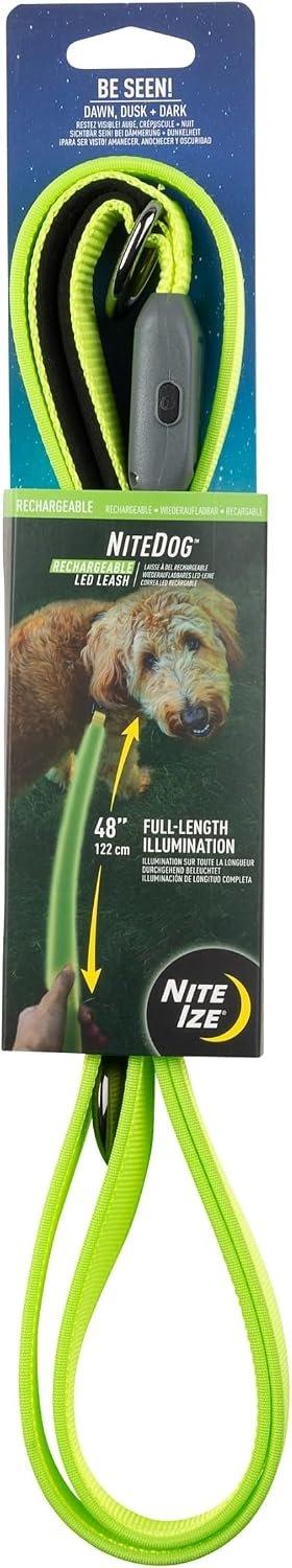 Nite Ize NiteDog Rechargeable LED Leash – Rechargeable LED Light Dog Leash with Padded Handle – Dog Walking Accessories for Walking & Running – 5 Feet, Lime