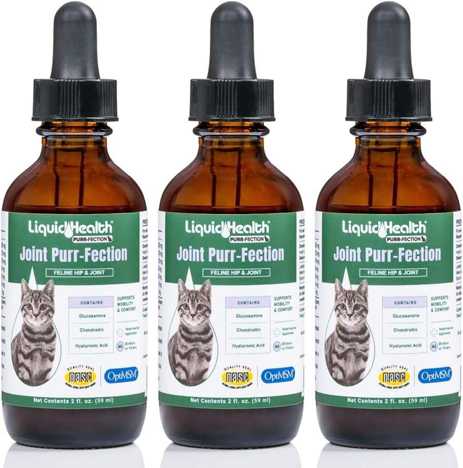 LIQUIDHEALTH Pets Liquid Cat Glucosamine Joint Purr-Fection – Hip & Joint Health Relief Support, Chondroitin Feline Droppers for Senior Older Adult Cats & Kittens – Made in the USA (3 Pack)