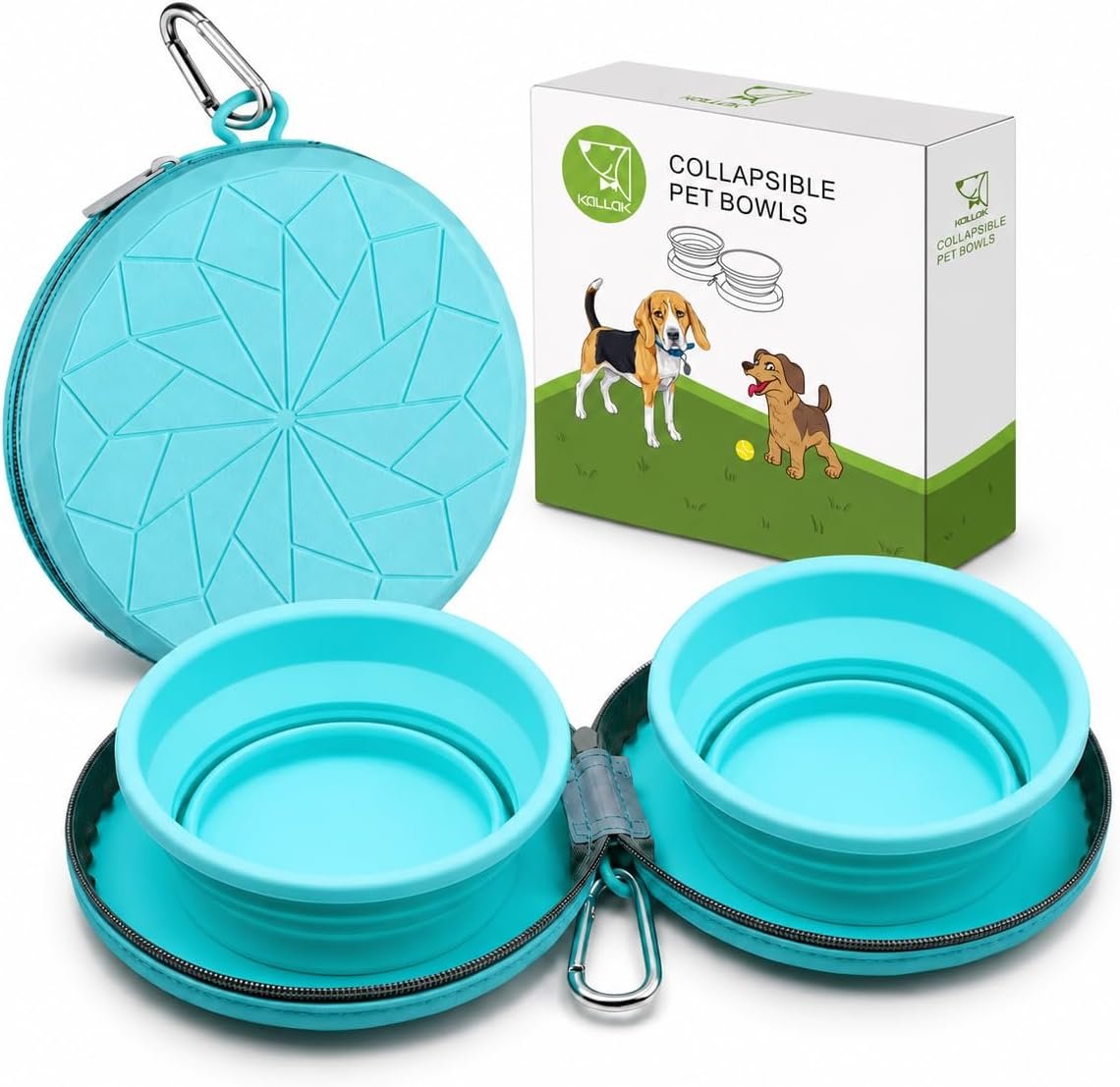 KALLAK Collapsible Dog Bowls for Travel, 2-in-1 Silicone Food and Water Set with Zipper Carrying Case, Portable Foldable Pet Bowls with Non-Slip Base and Carabiner, 35 oz Each