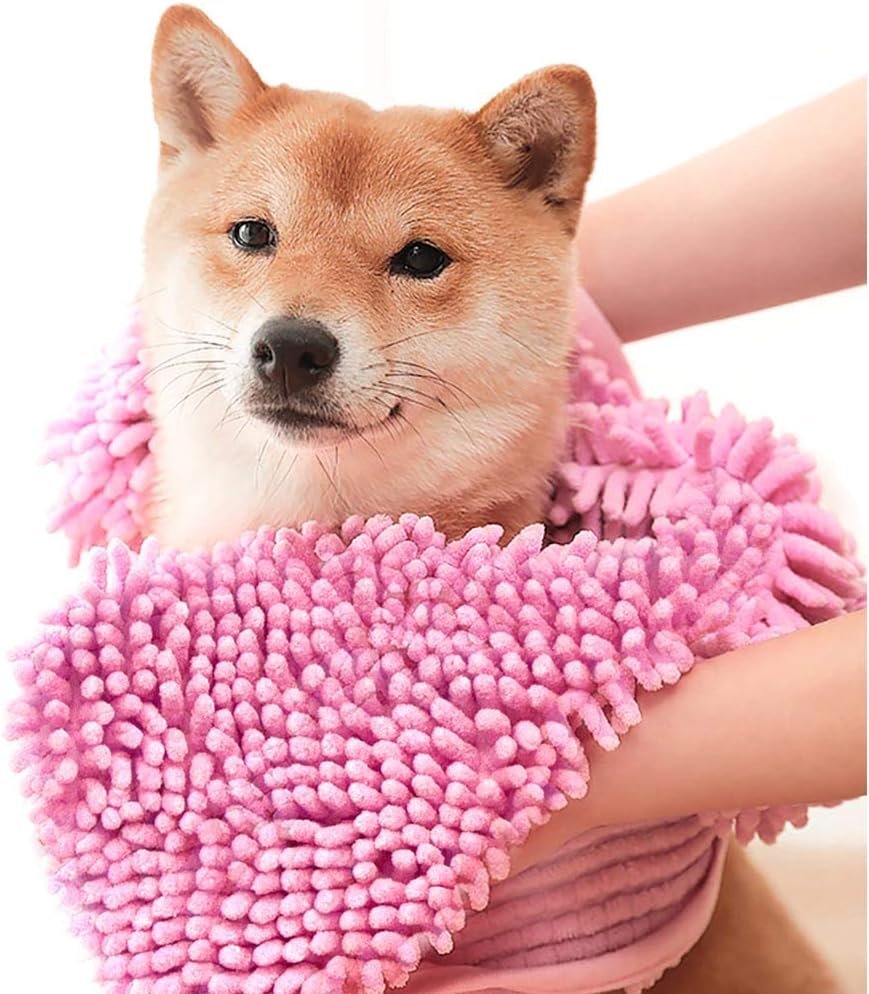 Dog Towel – Microfiber Super Shammy with Hand Pockets, Ultra Absorbent Quick Dry Pet Bath Towels for Small, Medium, Large Dogs and Cats (Medium, 24” x 14”, Pink)