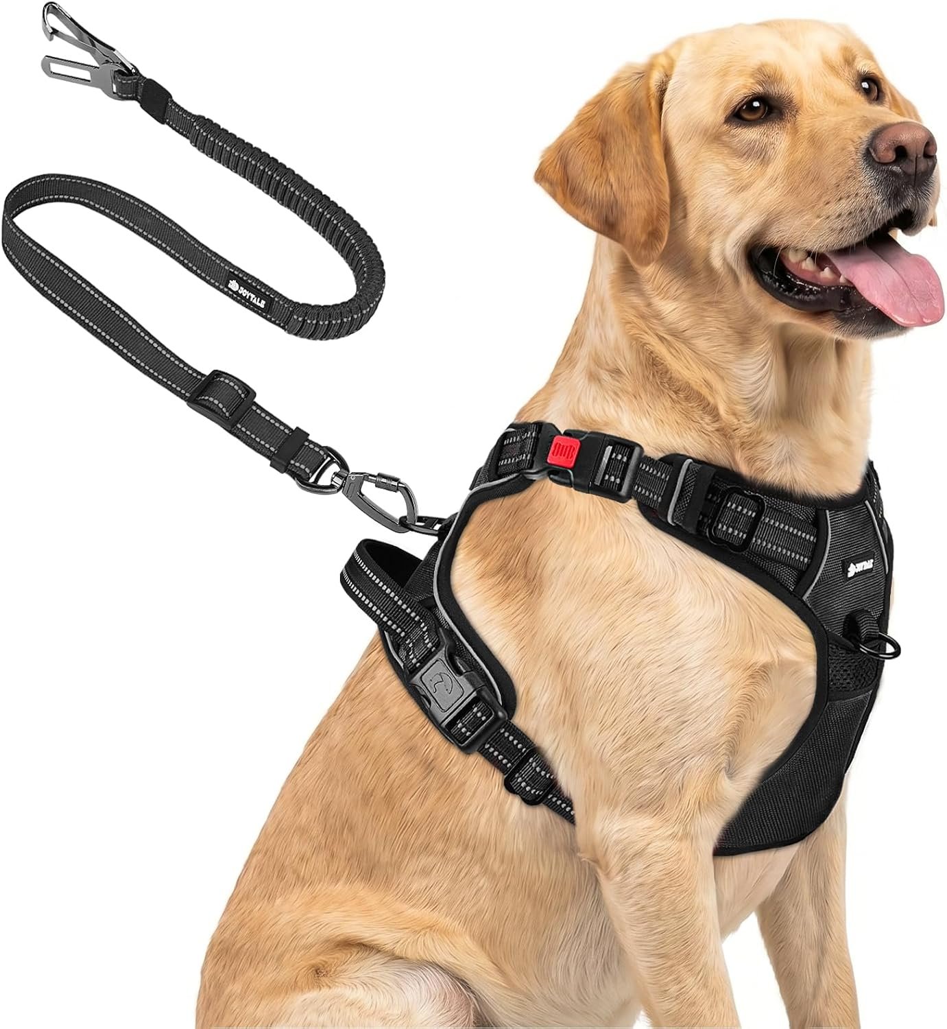 Joytale No Pull Dog Harness & Seat Belt, Easy On 3-Buckle, L, Black