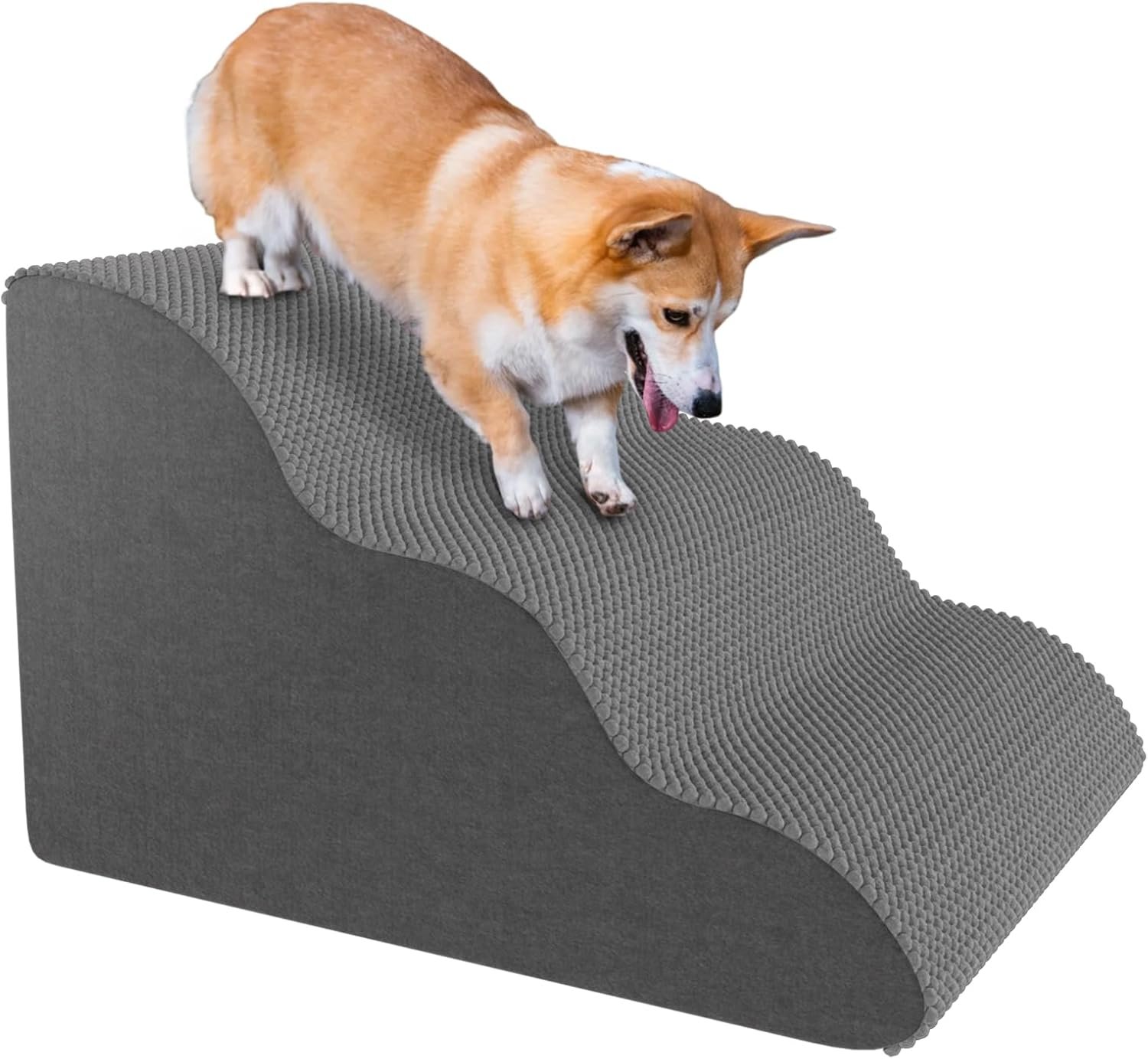 Pet Stairs for Small Dogs and Cats, Comfortable Curved Design with Waterproof Cover, High-Density Foam Steps for Beds or Sofas, Durable and Lightweight, 3-Layer, 21.7×15.7×13.8 Inches Grey