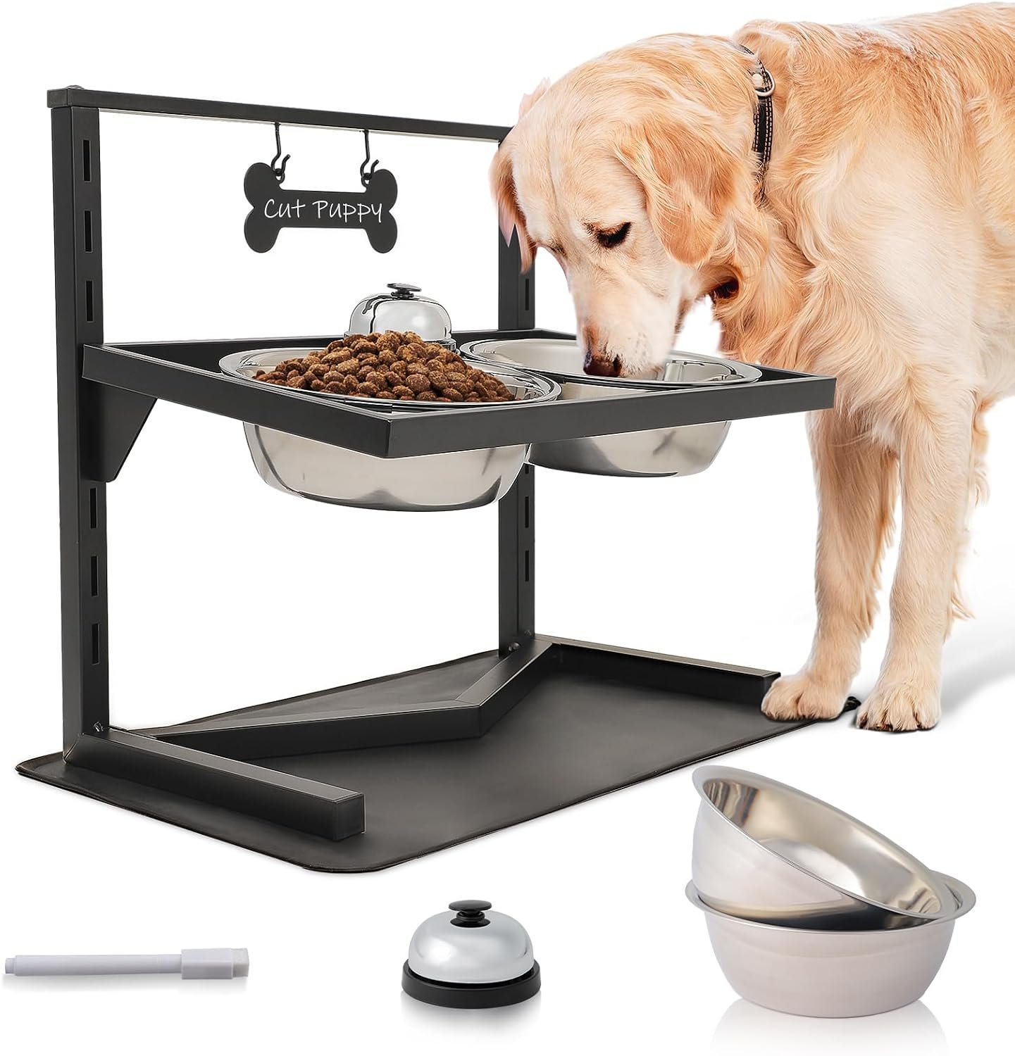 Grand Line Elevated Dog Bowls – 7 Height Adjustable, 10 Tilted Raised Stand With Spill Proof Mat, Two 1.5L Stainless Steel Food Water Bowls for Large Medium Small Dogs (15.4″ H)