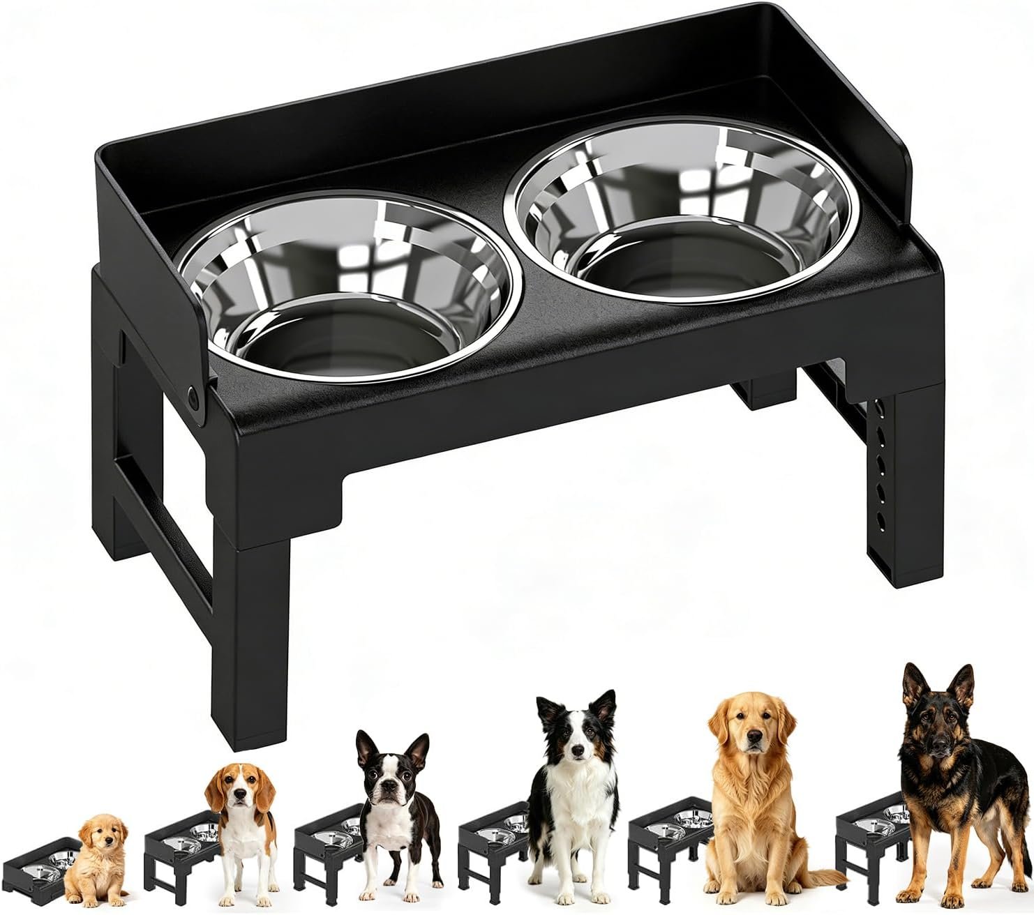 PAKEWAY Elevated Dog Bowls for Medium and Large Dogs, Spill Proof Tiltable Dog Feeder with 2 Stainless Steel Bowls, 6 Height Adjustable Raised Dog Bowl Stand