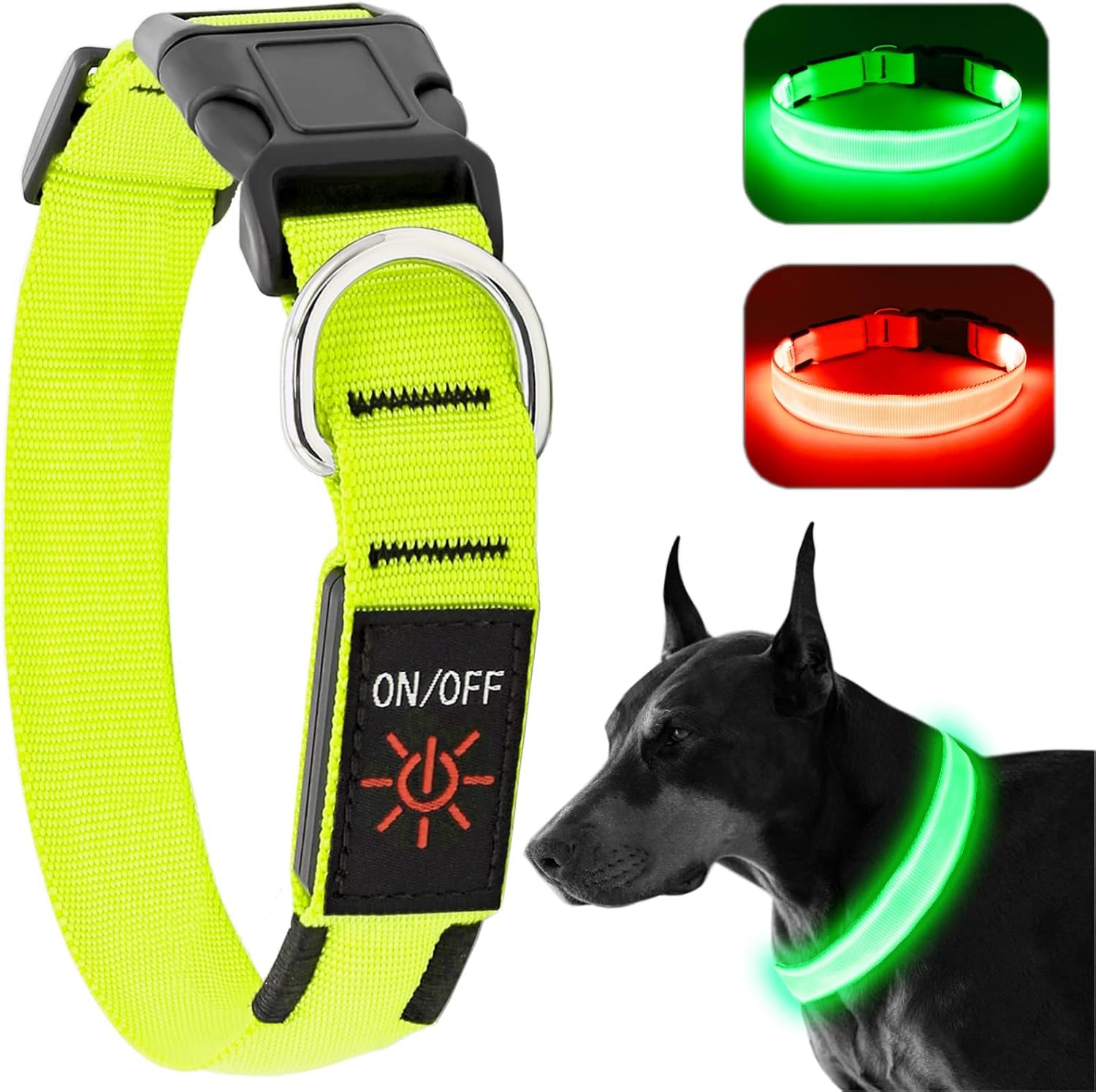 Light Up Dog Collar, Rechargeable USB Collar, Waterproof, Luminous LED Collar, Adjustable, Super Bright, Night Walking for Small Medium Large Dogs, Green, M