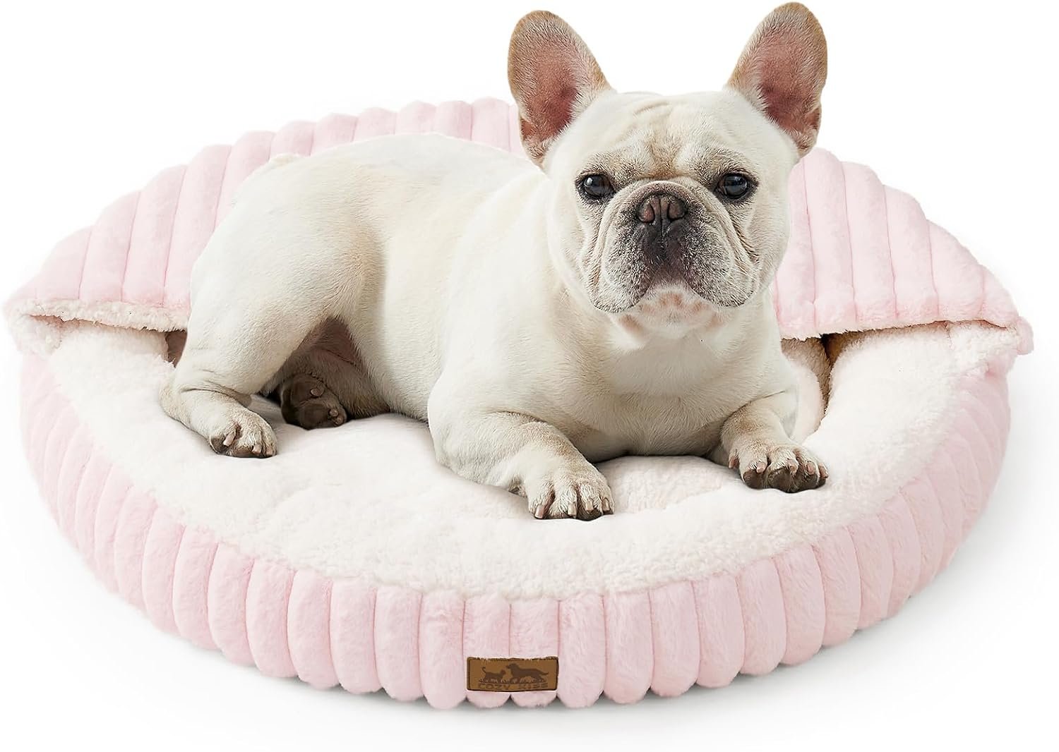 Small Dog Bed with Hooded Blanket, Round Fluffy Anti-Anxiety Pet Bed for Small Dogs & Medium Dogs, Cozy Donut Cuddler with Machine Washable Faux Fur & Anti-Slip Bottom(26″×26″×7″,Pink)