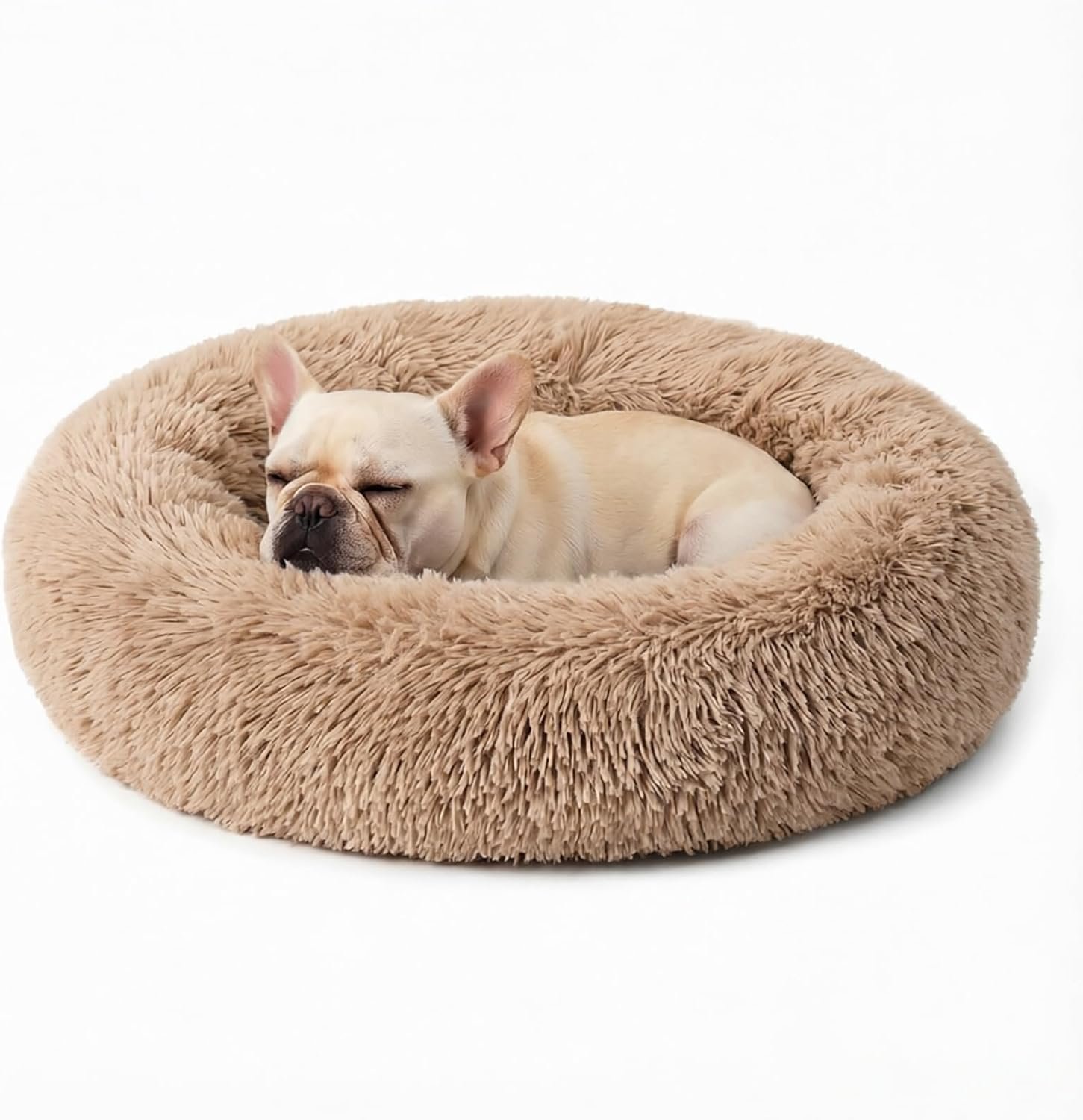 Calming Donut Dog Bed for Small Dogs, Anti-Anxiety Round Washable Plush Fluffy Faux Fur Large Cat Bed, 24 inches Fits up to 25 lbs Pets, Anti-Slip Waterproof Mute Base (Camel)