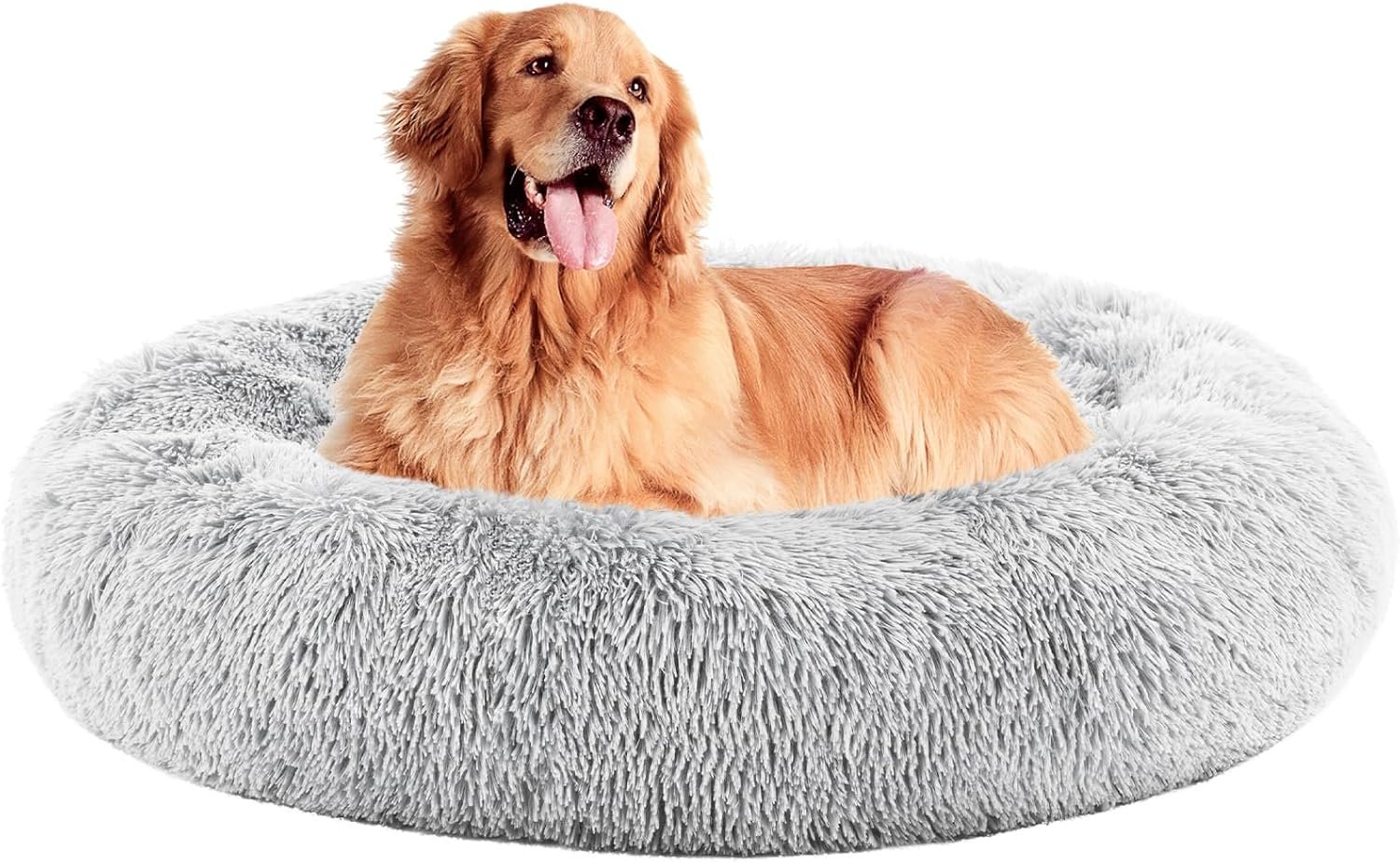 DUMOS 37.4×37.4 Inch Calming Donut Dog Beds for Large Dogs, Machine Washable Cuddler Warming Cozy Fluffy Faux Fur Plush Round Pet Bed Medium Sized Bed for Indoor Dogs and Cats, Grey