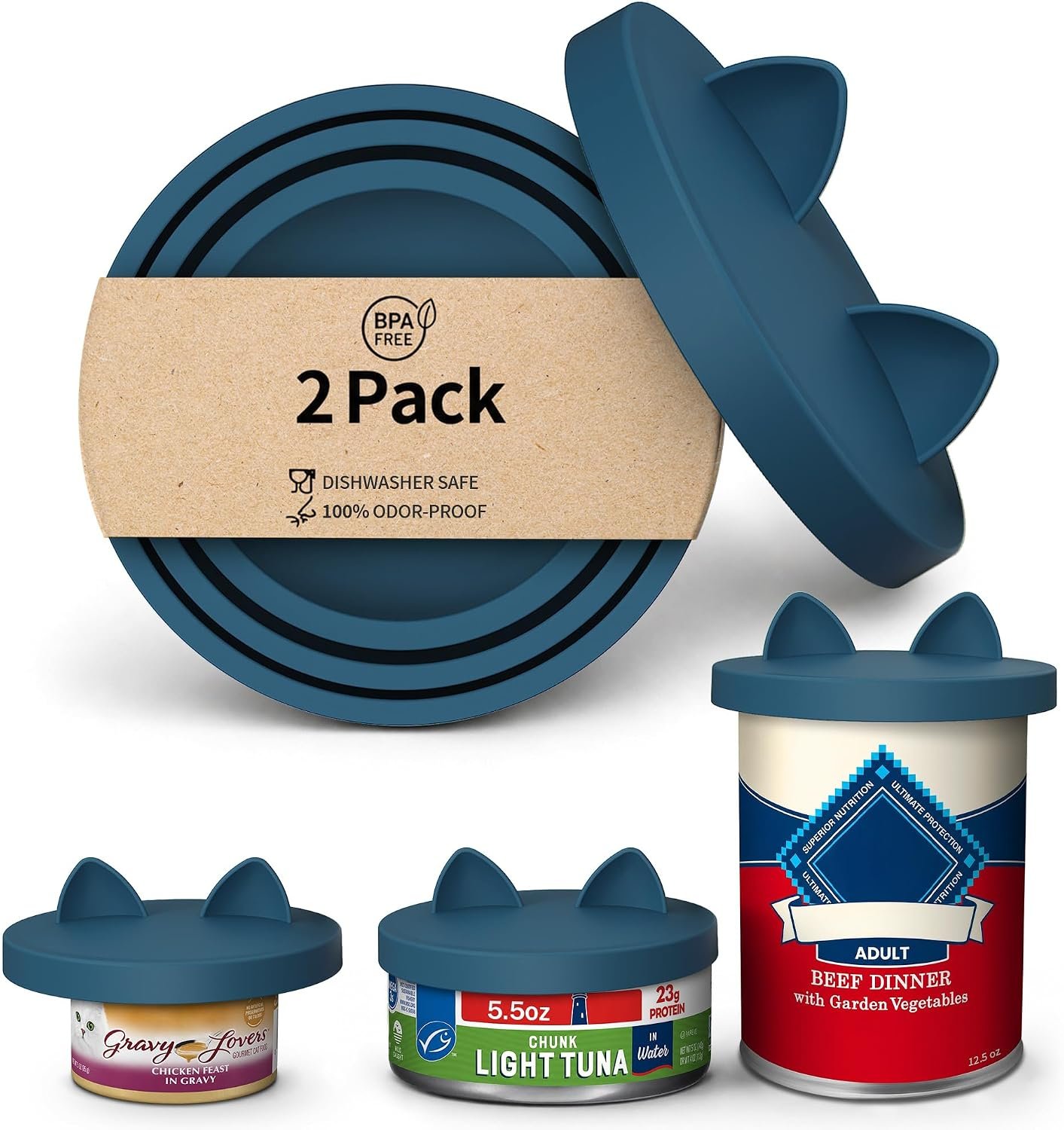 OHMO 3-in-1 Dog Food Can Lids, Cat Food Can Covers, 2pcs, Dark Blue