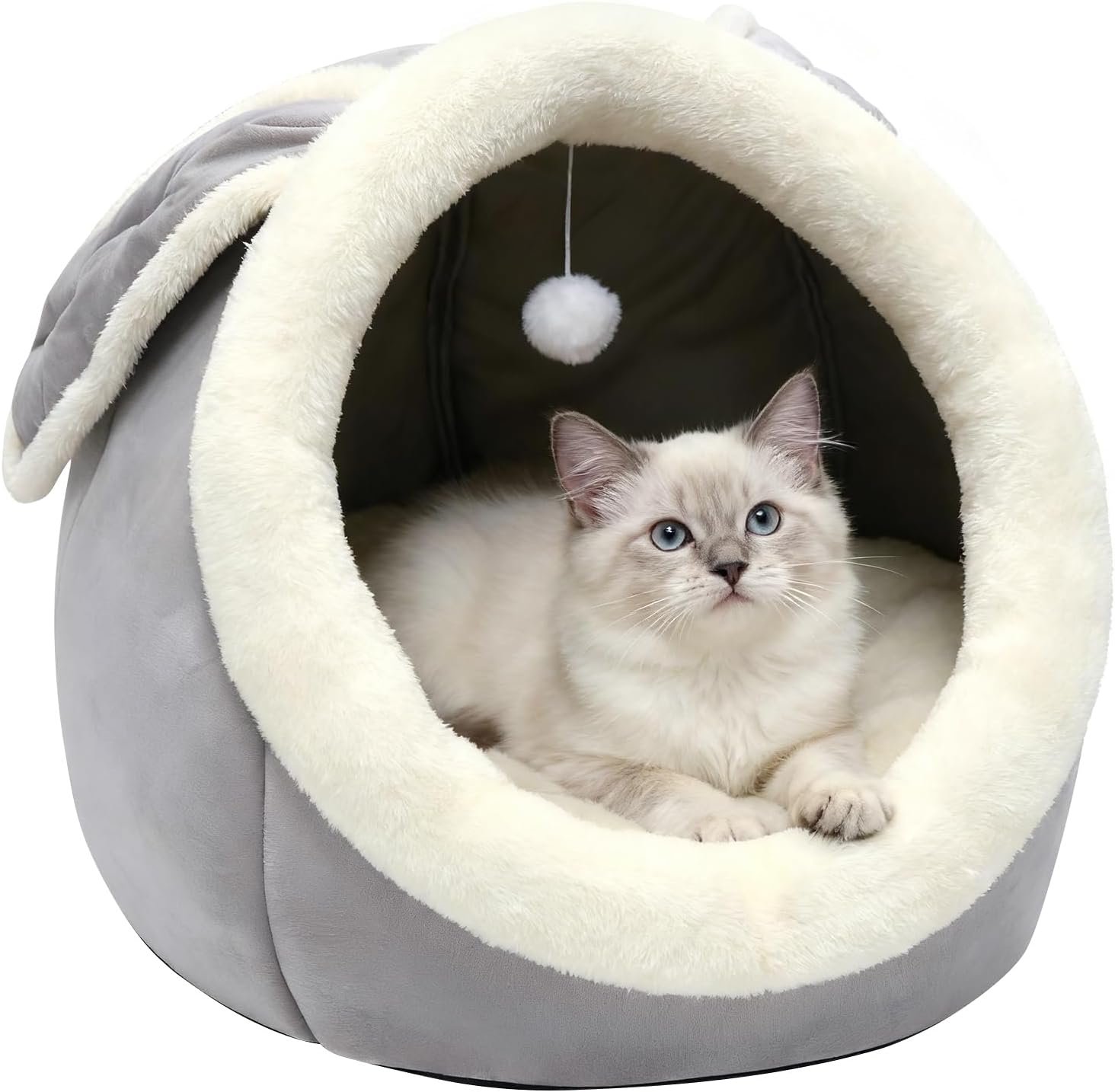Cat Beds for Indoor Cats-Rabbit-Shaped Cat Cave Bed with Hanging Toy,Grey L