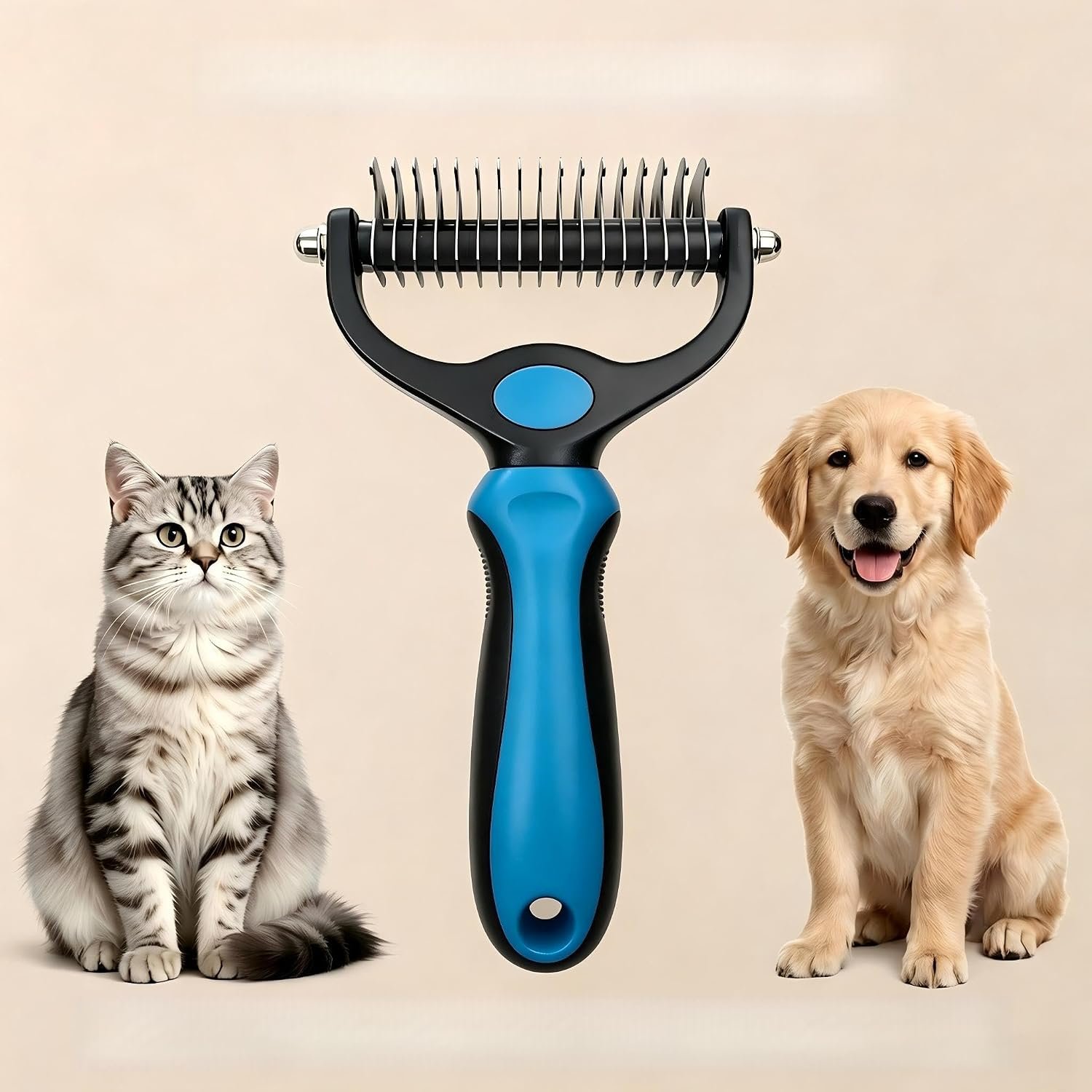 Dog Dematting Comb, Double Sided Dog Grooming Comb, Stainless Steel Undercoat Rake for Dogs & Cats, Pet Grooming Brush for Removing Mats, Tangles and Loose Fur, Deshedding Tool for Long Hair Pets