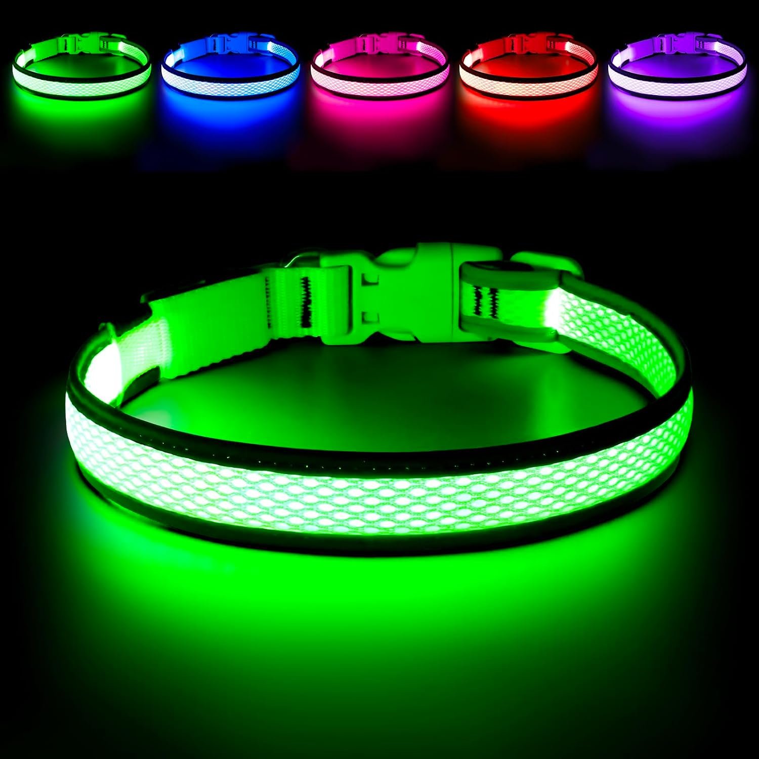 Flashseen LED Dog Collar, Light Up Dog Collar USB Rechargeable, Green, L