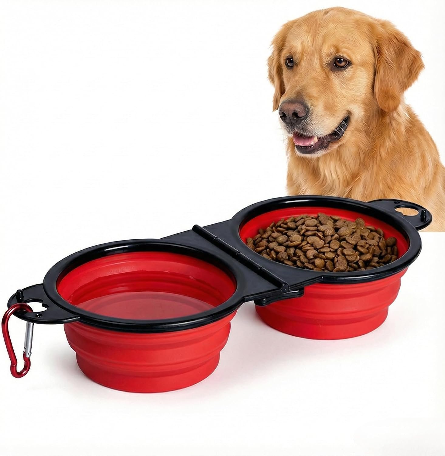 Double Collapsible Dog Bowls for Travel, Food and Water Set with Clip，Red