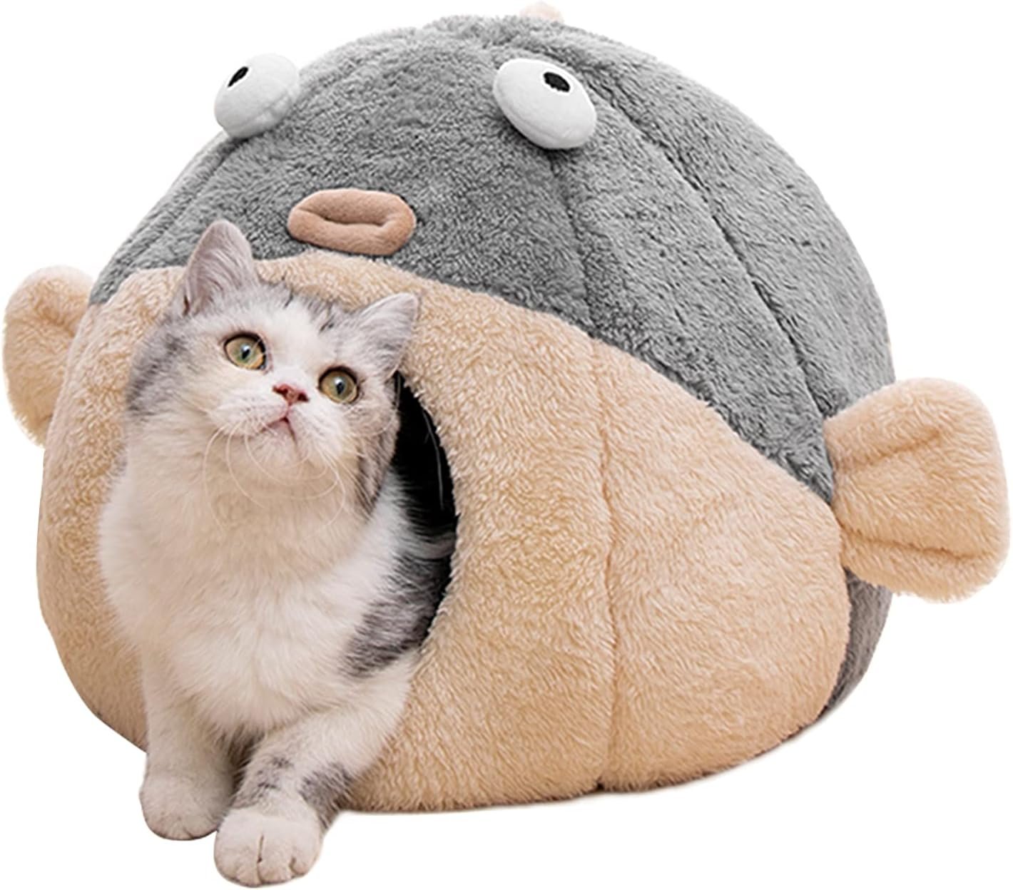 Cat Beds for Indoor Cats-Cat Bed Cave,Cute Lively Pufferfish Shape,Grey L