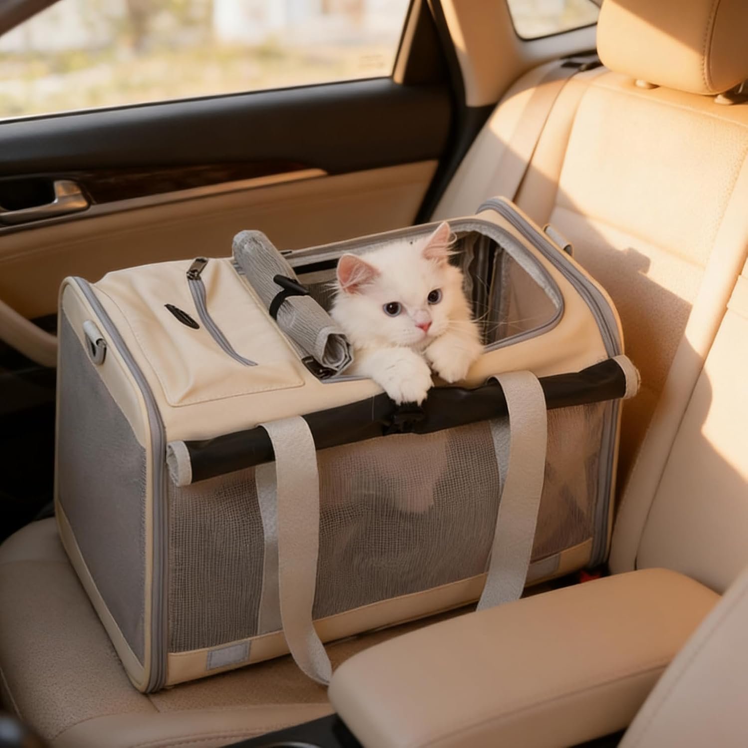 Pet Carrier Bag for Cats & Small Dogs, Airline Approved Travel Cat Carrier with Mesh Windows, Shoulder Strap & Removable Mat, Foldable Design for Home & Outdoor Trips