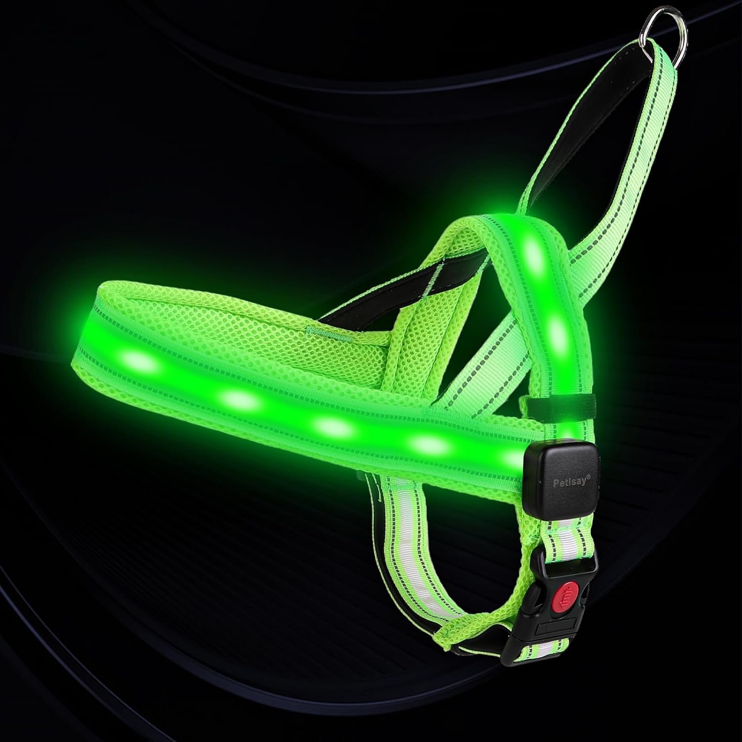 LED Dog Harness for Night Walking, Rechargeable, No Pull, Green, Medium