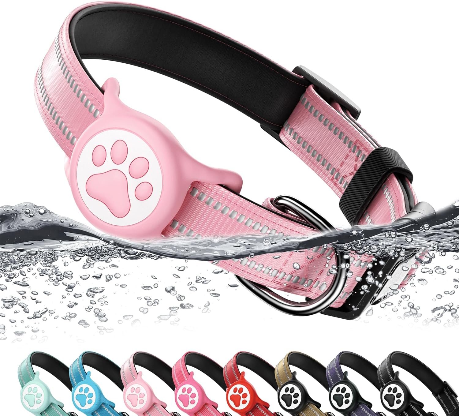Premium Airtag Dog Collar，with IP68 Waterproof AirTag Holder,Pink,S