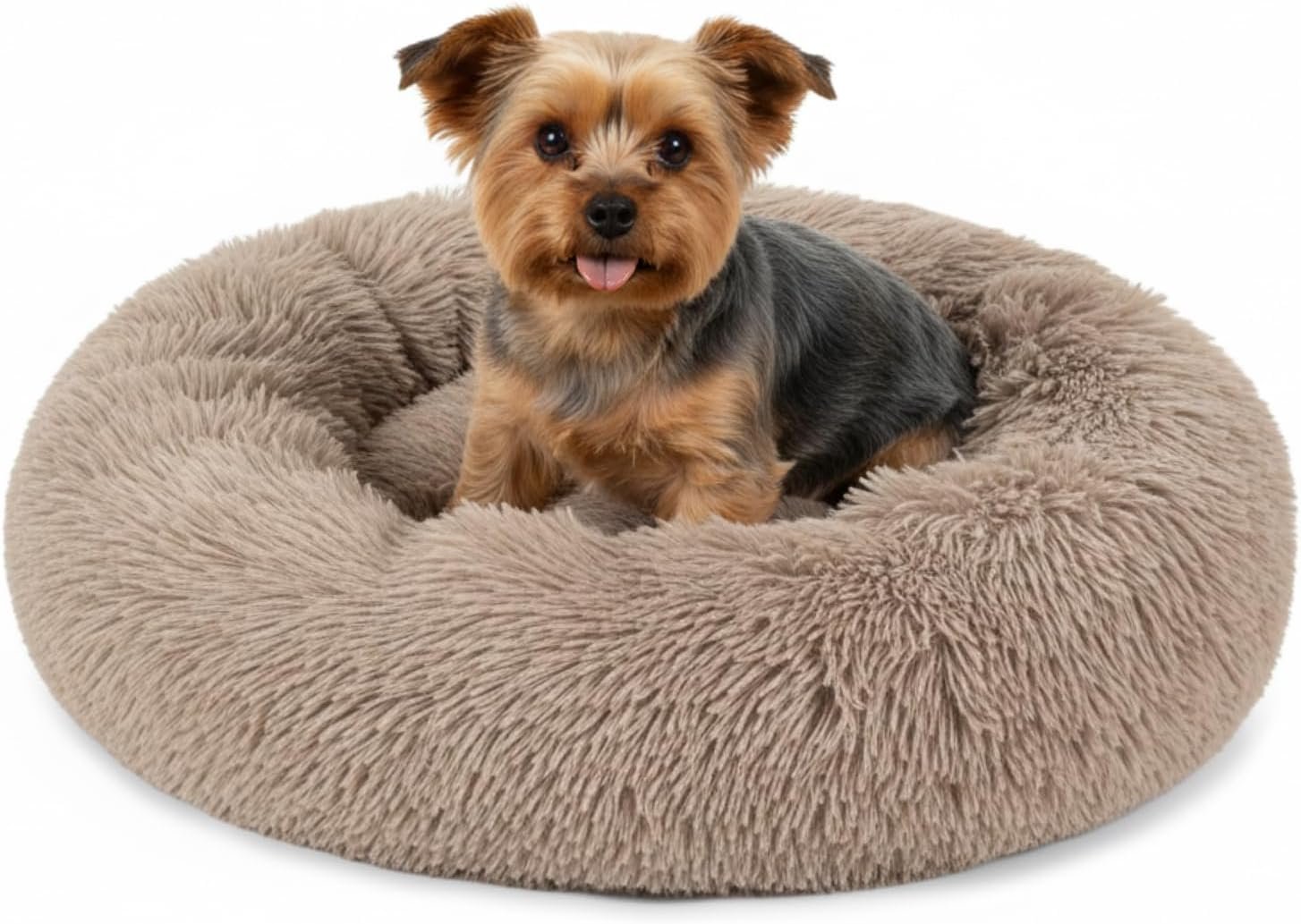 PetAmi Calming Donut Dog Bed, Washable Faux Fur, 23 Inch Small, Taupe