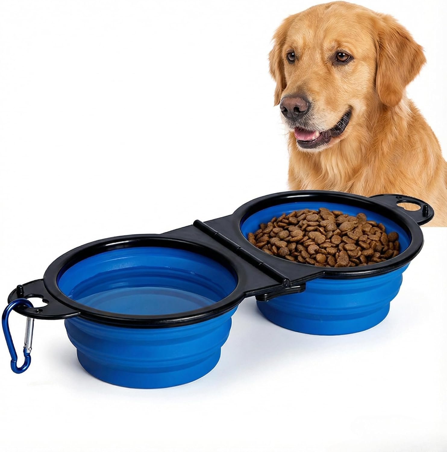 Double Collapsible Dog Bowls for Travel, Food and Water Set with Clip, Blue