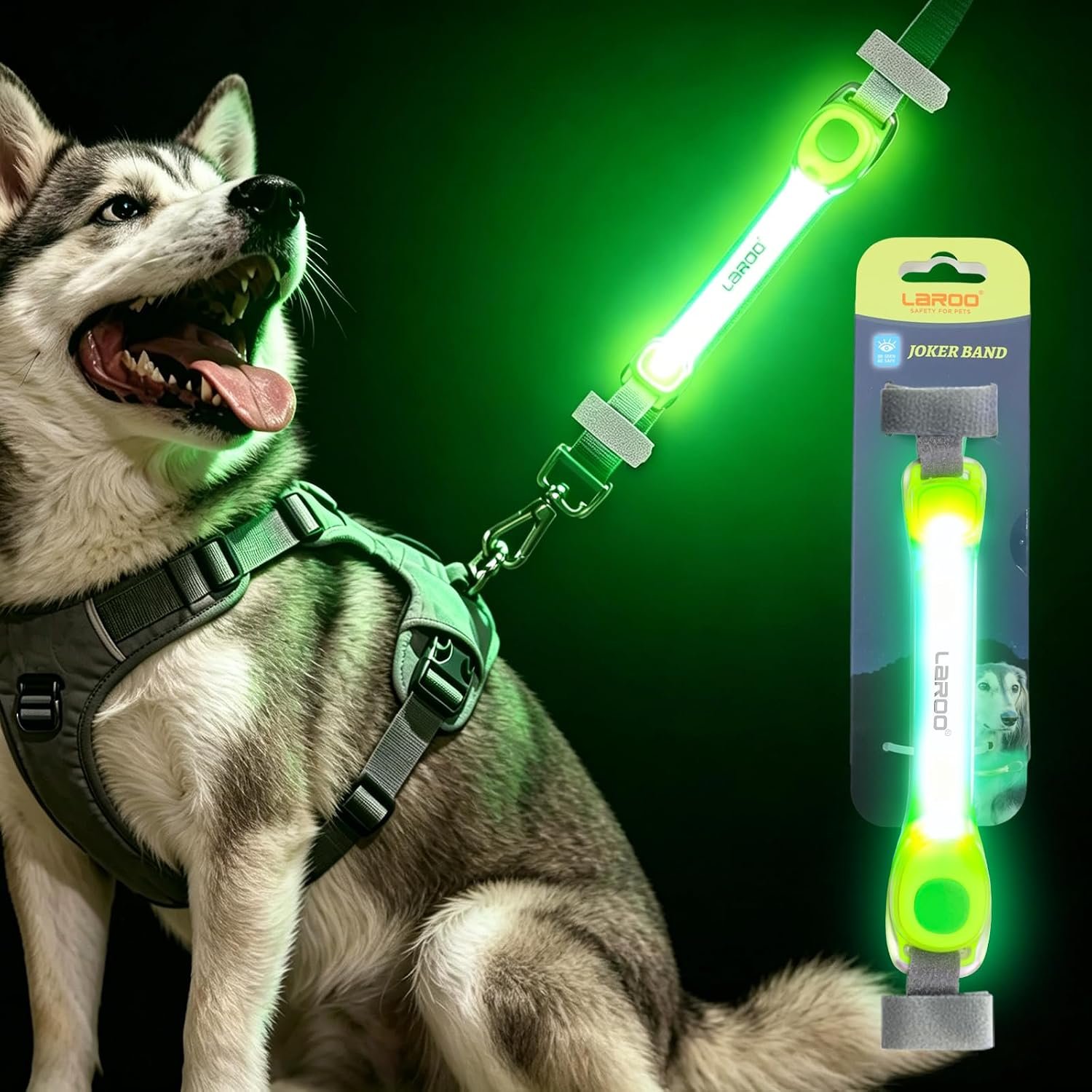 LaRoo LED Dog Safety Light Strip, Hook & Loop Glow Strap for Collar Leash