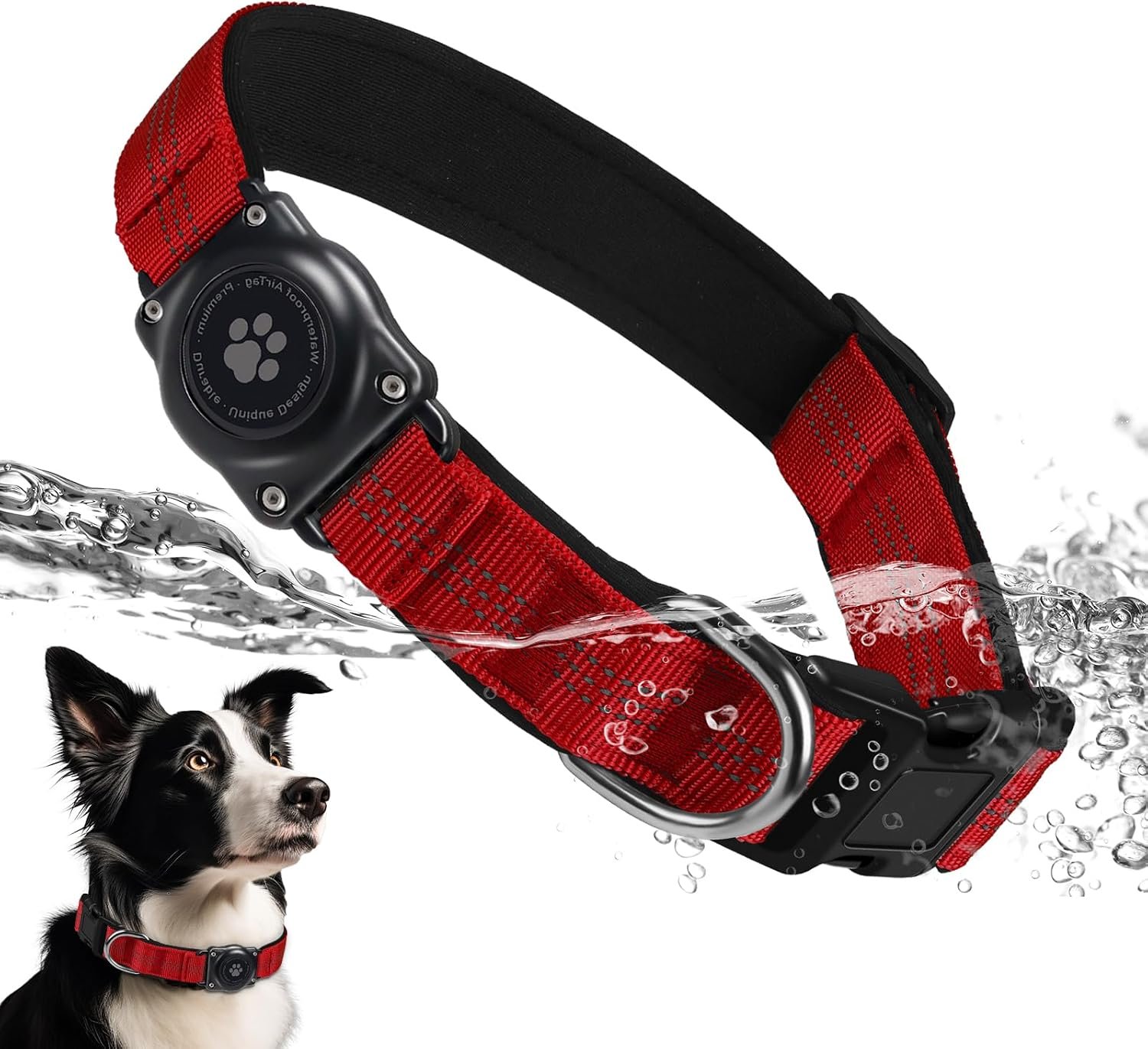 Upgrade Dog Collar with AirTag Holder, IP68 Waterproof, Red, M