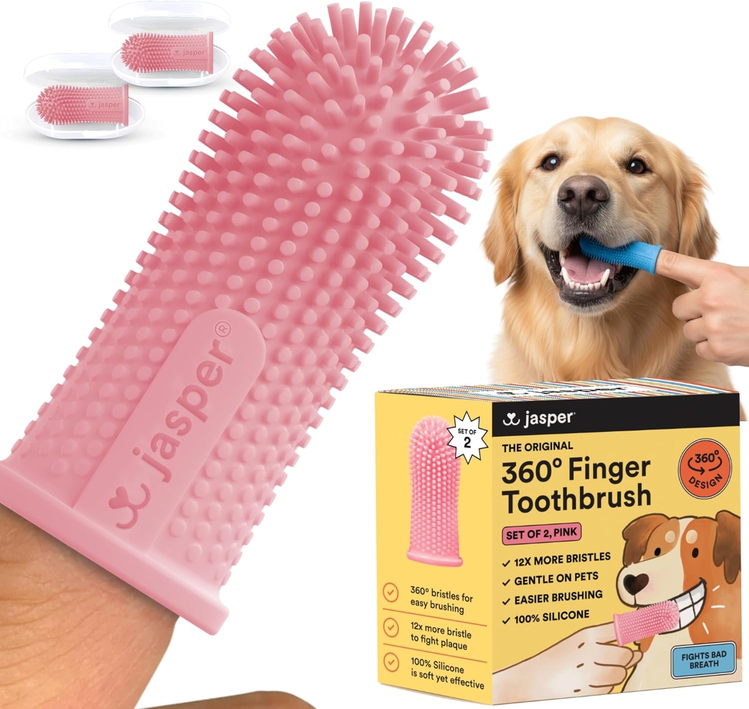 Jasper Dog Toothbrush, 360° Finger Toothbrush for Dogs & Cats, Pink 2-Pack