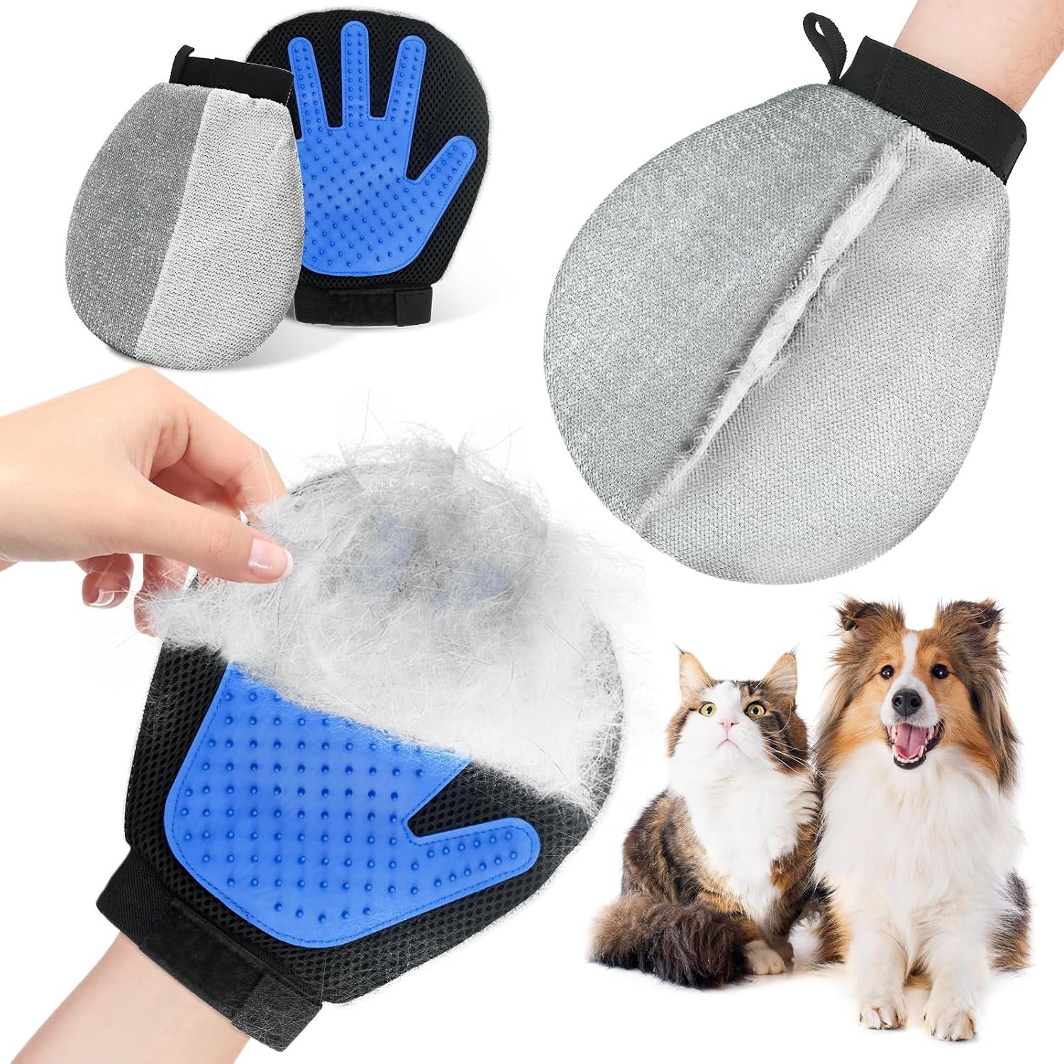 Pet Hair Removal Glove for Dogs & Cats, 2-in-1 Double-Sided Grooming Glove