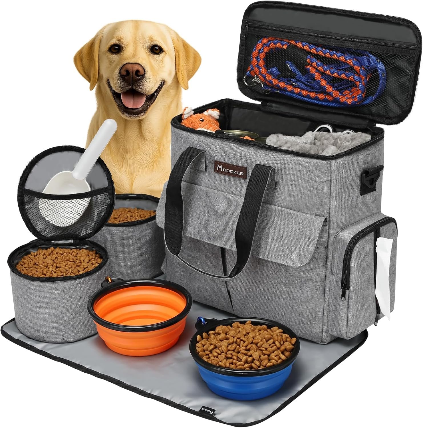 Modoker Weekend Dog Travel Bag Set with 2 Food Bags, 2 Bowls and Mat, Grey