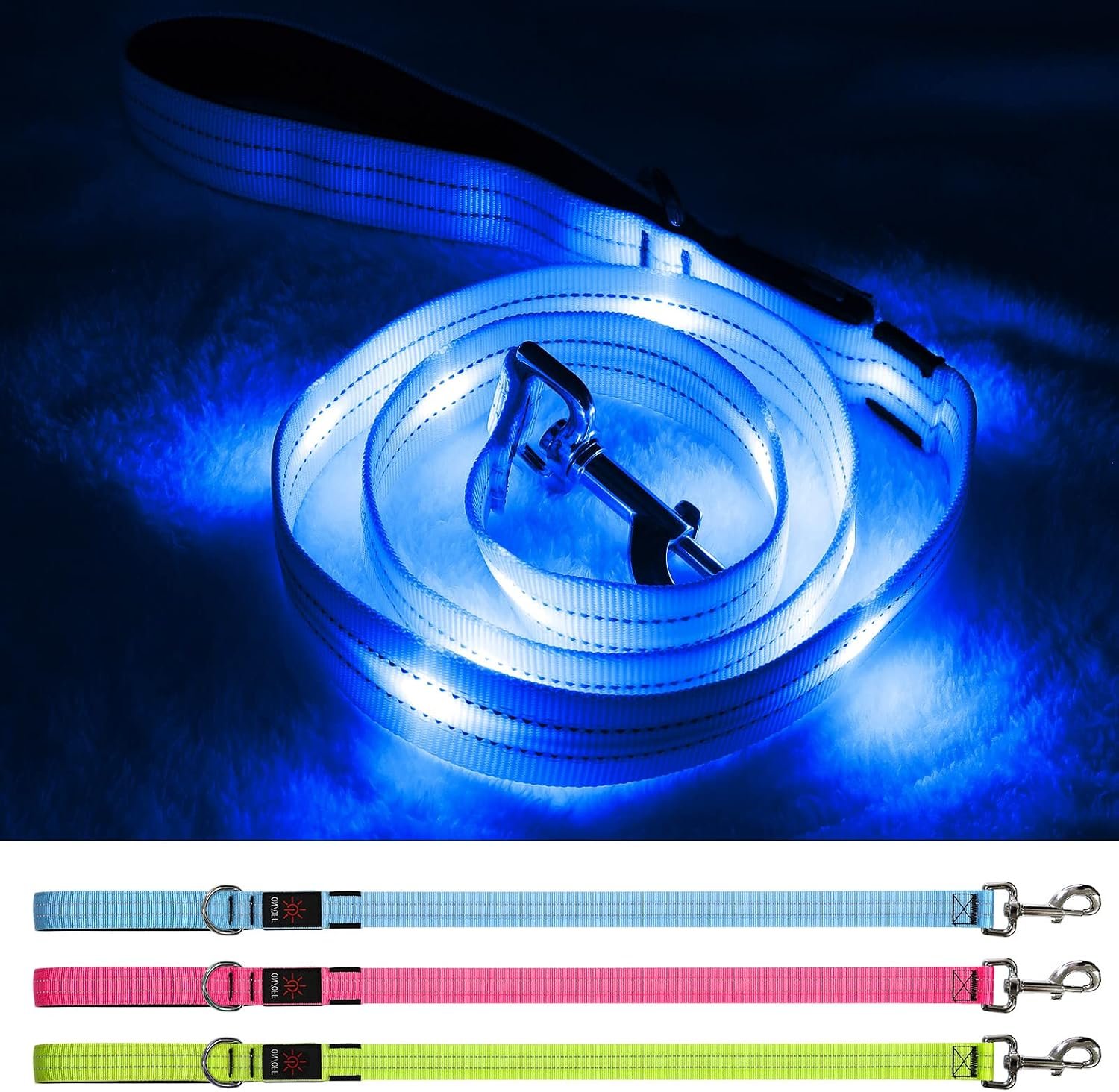 Led Light Up Dog Leash – 4 Ft Rechargeable Waterproof Nylon Reflective With Padded Handle for Night Walking, Safety Glow in The Dark for Large Medium Small Pets