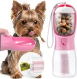 Portable Water Bottle for Small Dogs, 3 in 1 Pet Travel Bowl Dispenser with Food Treat Container & Poop Bag Holder, Summer Hiking Walking Accessories for Puppy On The Go – Pink, 10oz