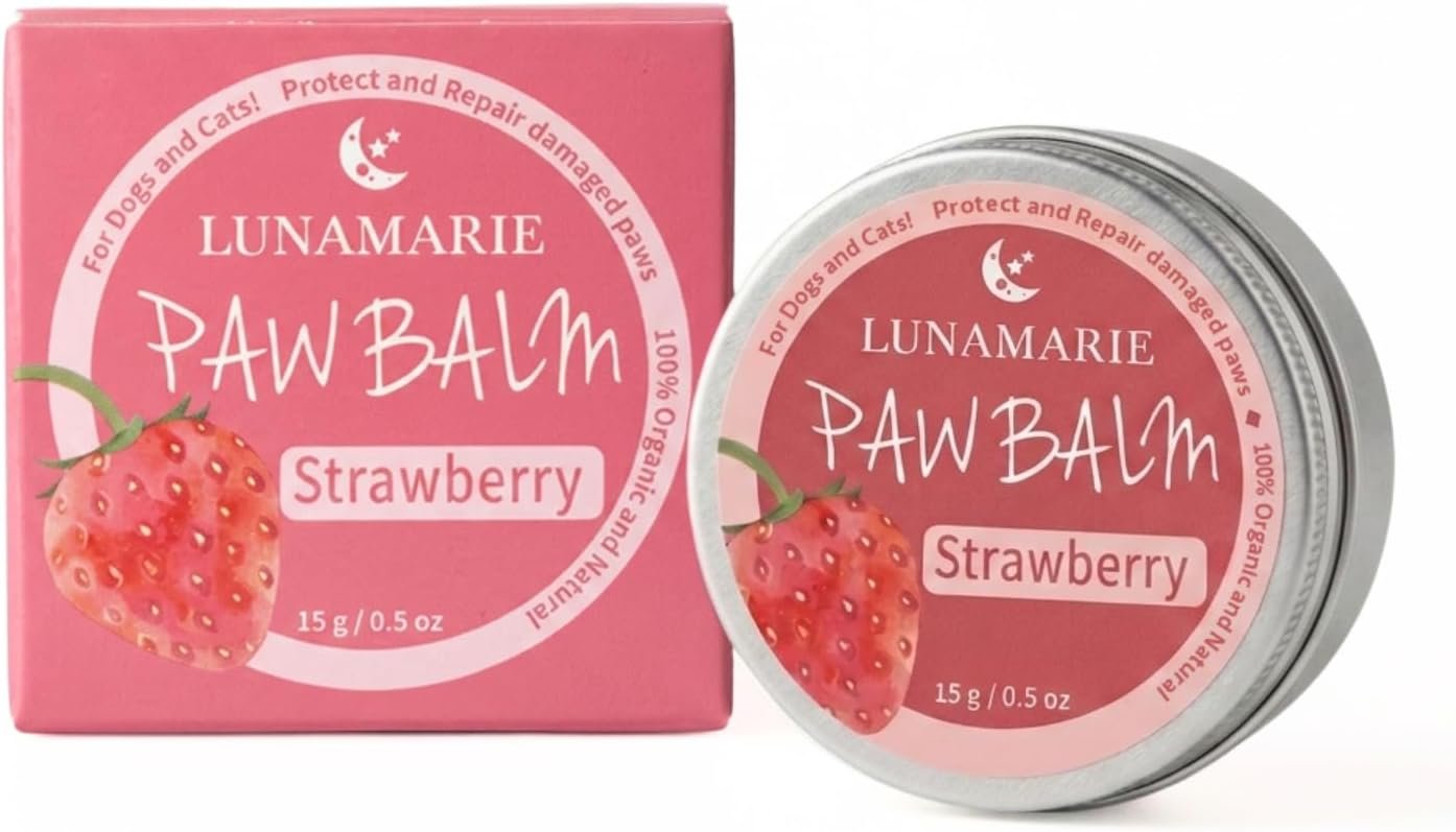 LunaMarie Paw Balm | 100% Natural Organic Nose & Paw Soother with Shea Butter & Coconut Oil | Paw Pad Balm Dogs & Cats, Licksafe Paw Wax for Pets with Lavender Scent (Strawberry (Travel Size) 0.5 Oz)