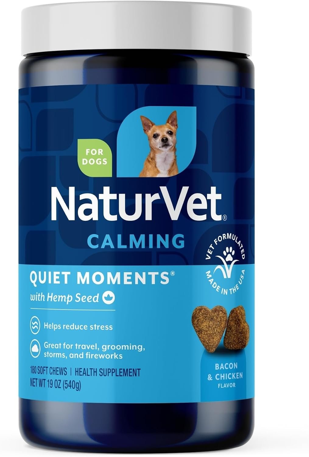 NaturVet Quiet Moments Calming Plus Hemp Dog Supplement – 180 Soft Chews