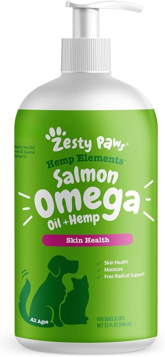 Zesty Paws Salmon Oil for Dogs & Cats + Hemp – Omega 3 for Dogs, 32oz