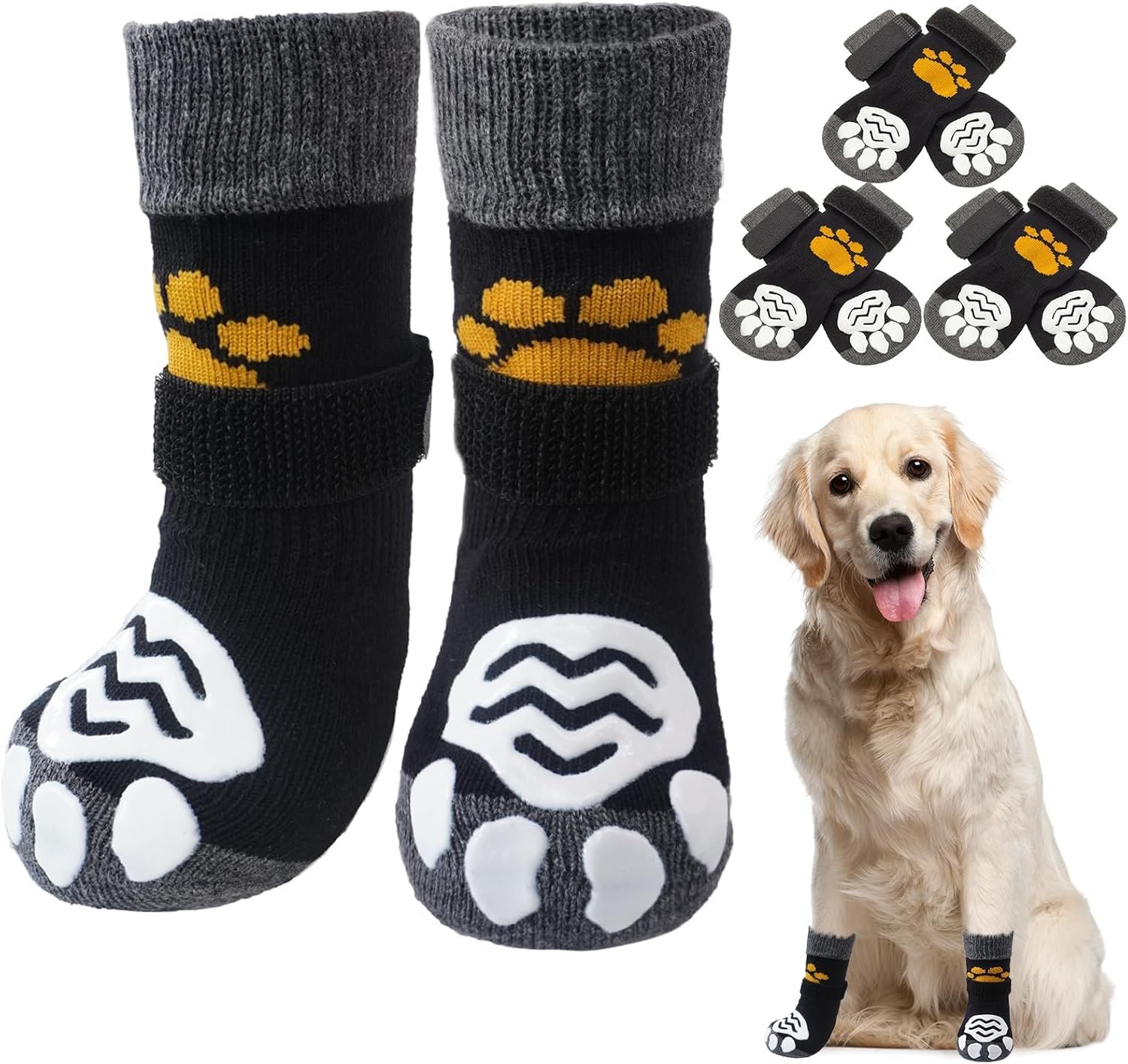 Non Slip Dog Socks, with Double Grippers for Hardwood Floors, 3 Pairs Strong Traction Dog Boots & Paw Protectors, Hot/Cold Pavement to Prevent Licking for Small to Large Senior Dogs