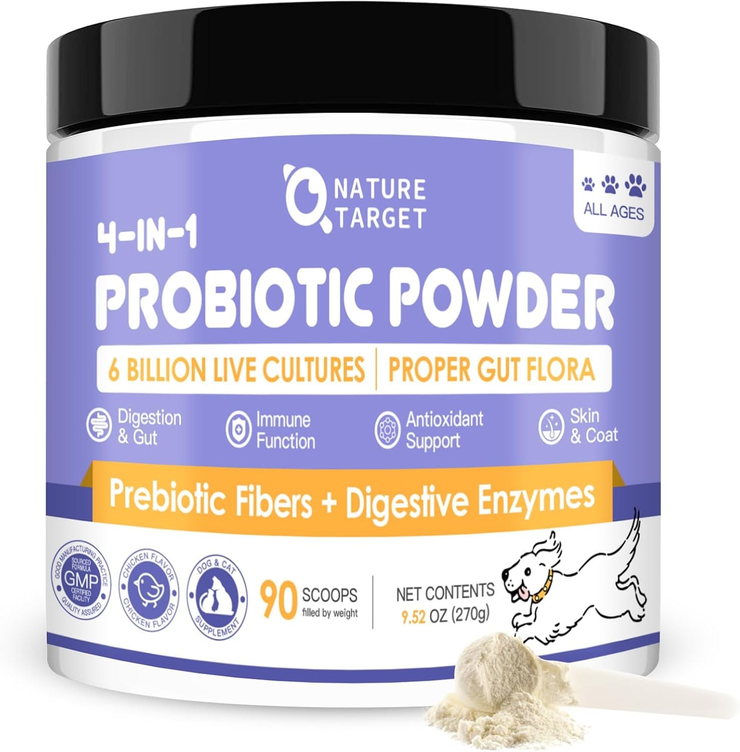 NATURE TARGET Probiotics for Dogs Powder, 6 Billion CFUs, 90 Scoops