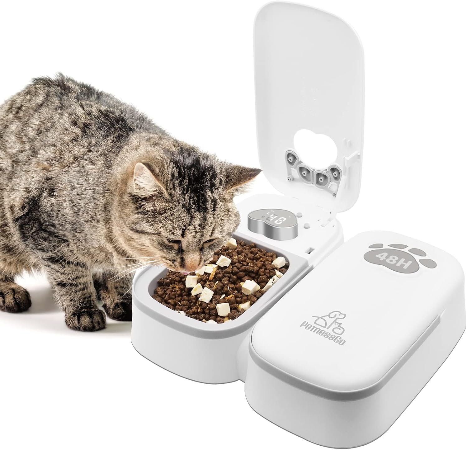 Automatic Wet Food Cat Feeder, 1-48 Hours Smart Timer Pet Feeder with LED Display for 2 Cats, Dry or Semi-Moist Pet Food Dispenser for Kitten and Puppy