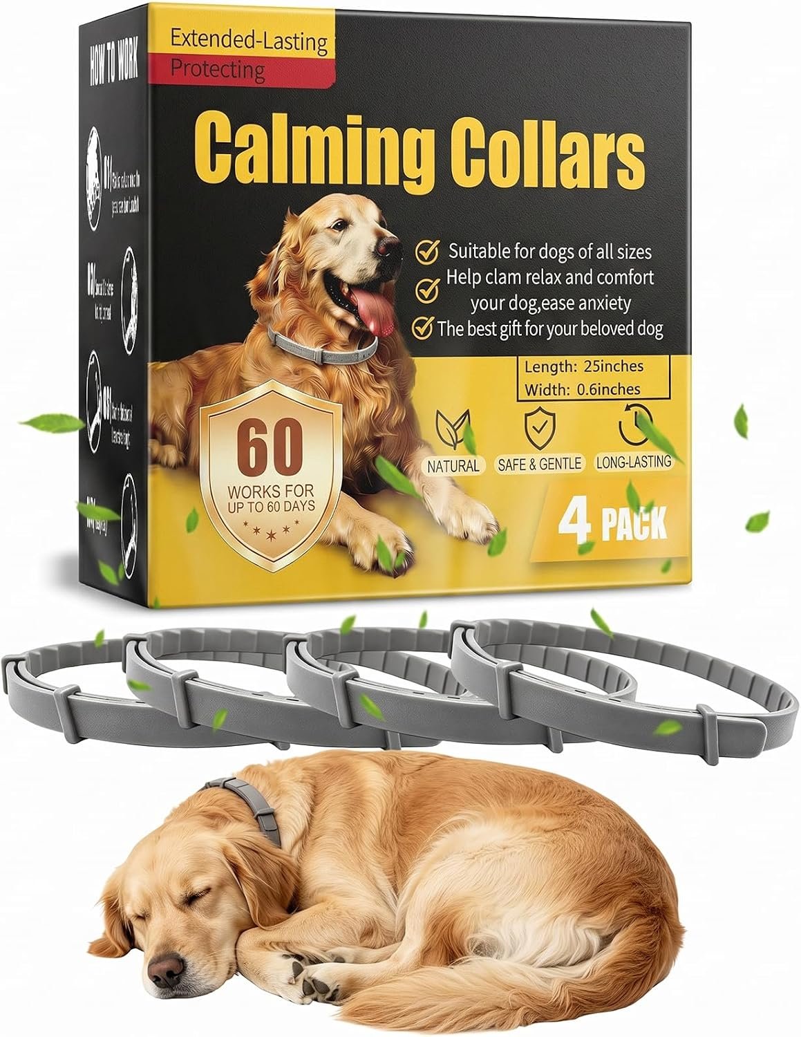 Calming Collar for Dogs 4 Pack,Dog Collar for Anxiety and Stress Relief During Fireworks,Thunderstorms & Separation,60-Day Long-Lasting 25″ Adjustable Flexible Calm Collar for All Dog Sizes