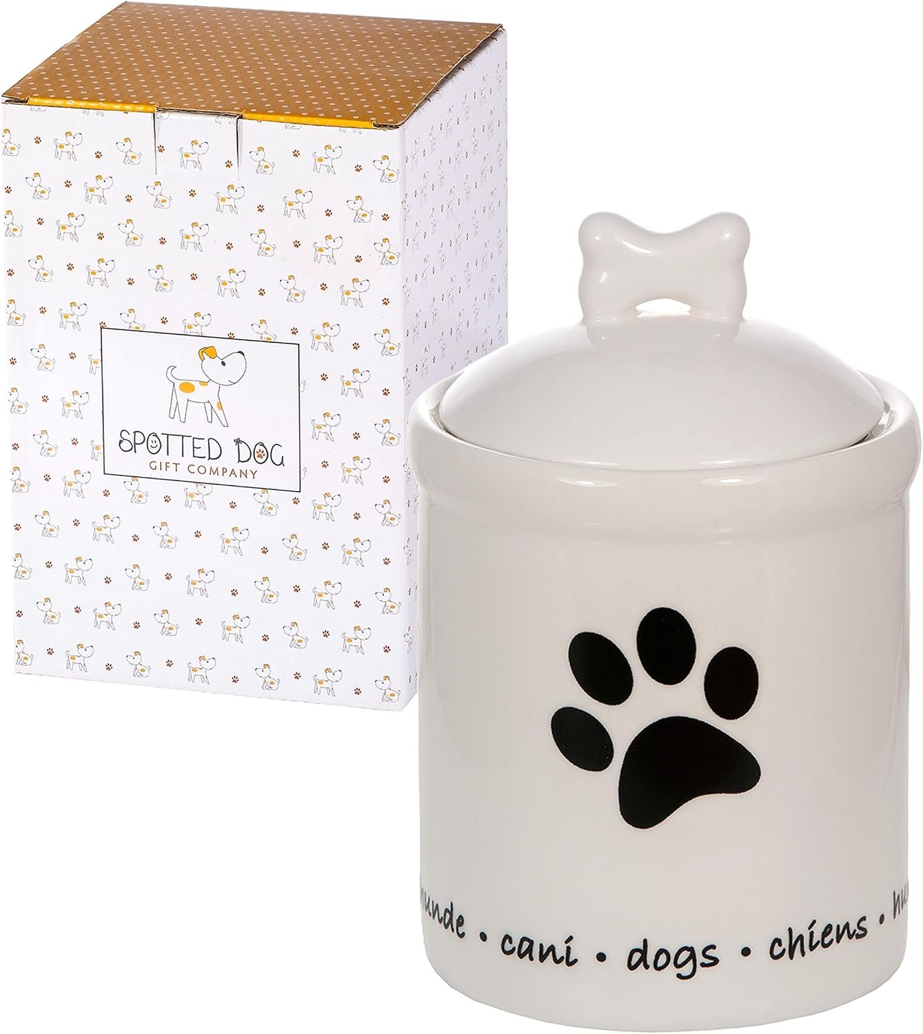 SPOTTED DOG GIFT COMPANY Dog Treat Container, Ceramic Jar with Lid for Kitchen Counter, Cute Food Storage Canister for Pet Treats with Bone Shaped Handle, Gifts for Dog Lovers 30oz