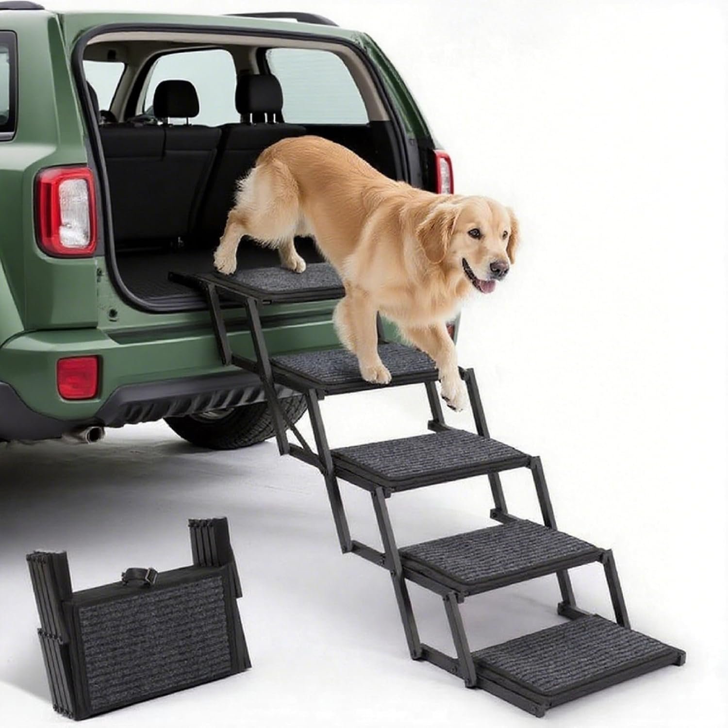 Dog Steps for Car, Truck and SUV – Foldable Pet Stairs for Large Dogs with Non-Slip Rug Surface, Lightweight Dog Ramp Holds Up to 250lbs, 5 Steps (Black Metal Fram, 5 Steps)