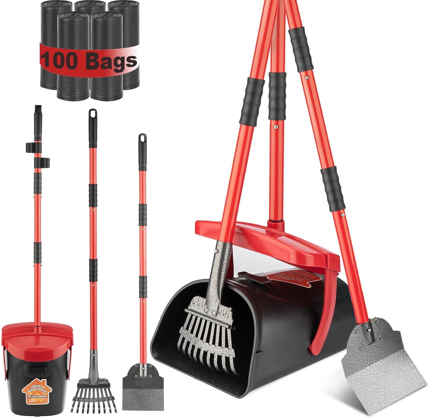 HUZSV Dog Pooper Scooper with Bag Attachment&Swivel Bin