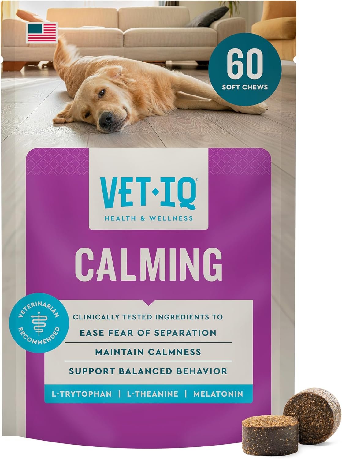 VetIQ Calming Support Supplement, Calming Chews for Dogs Help Manage Stress and Promote Relaxation, Anxiety Relief for Dogs, Made in the USA, 60 Count