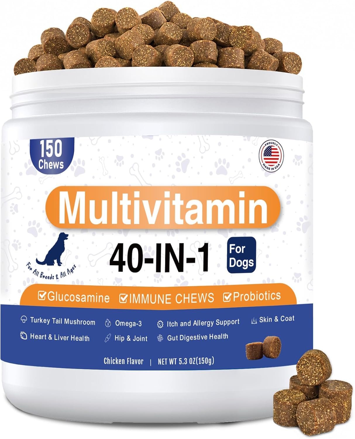 Dog Multivitamin Chews 150ct 40-in-1 Dog Vitamins and Supplements Chewable Contain Probiotics Omega-3 Glucosamine, Multivitamin for Dogs Skin Coat Heart Joint Liver Brain Eyes Immune Support